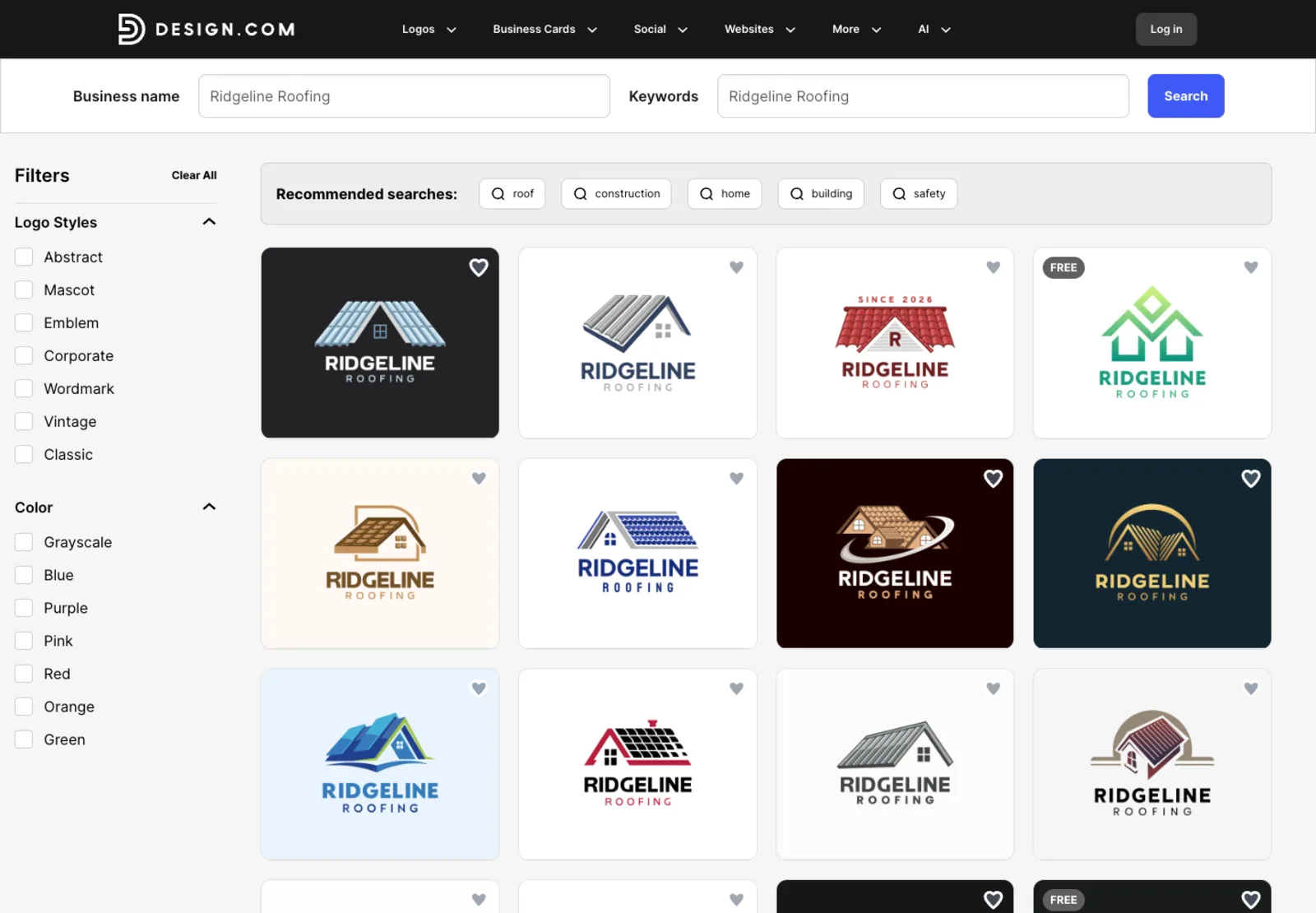 Design.com results grid for Ridgeline Roofing showing twelve logos, each a house with a pitched roof