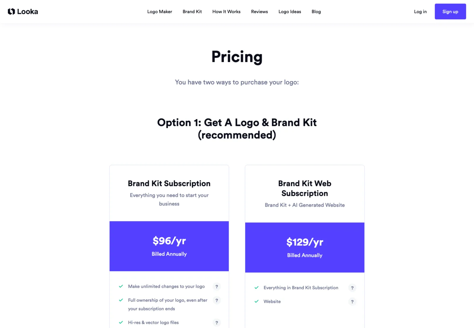 Looka pricing screen showing a $35 basic logo package and a $72 premium logo package