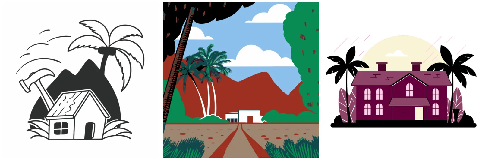 Three Recraft vector outputs for the roofing brief: a hammer on a cottage under a palm tree, a jungle landscape and a Victorian house