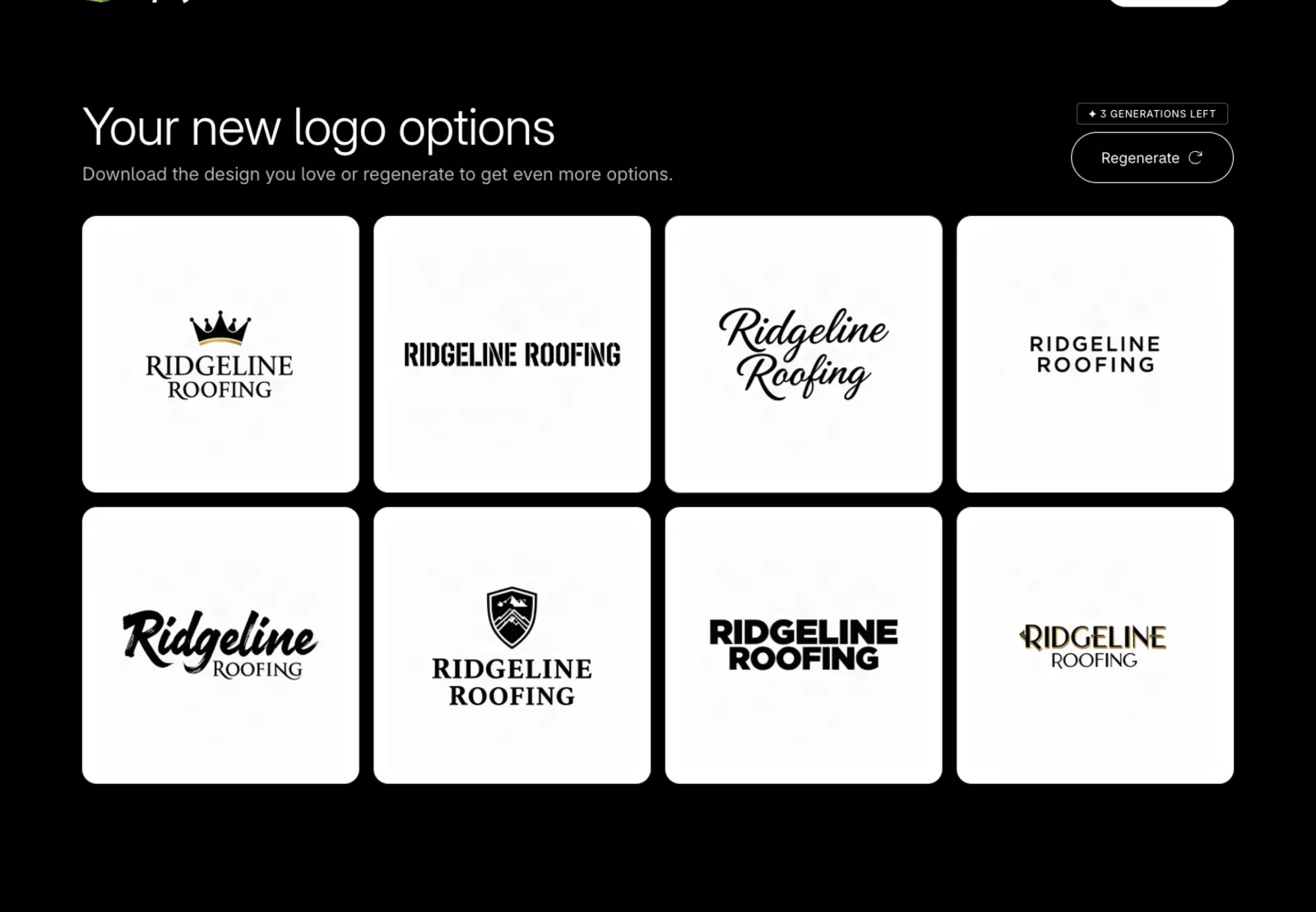 Shopify logo maker results for Ridgeline Roofing: eight type-only treatments with no symbol