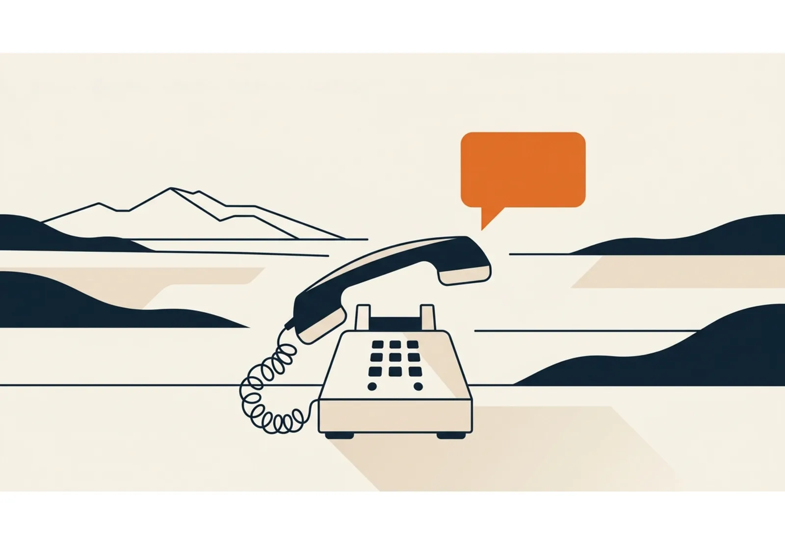 Illustration of a desk telephone with its handset lifted and an orange chat bubble rising from it