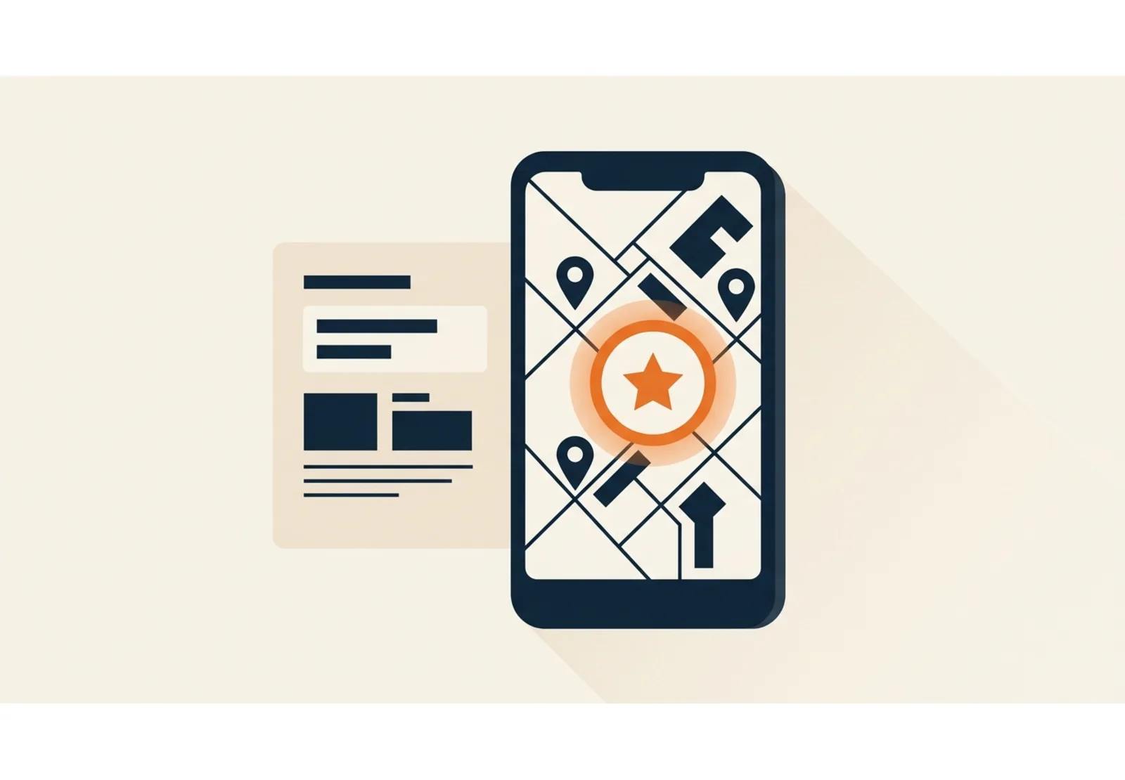 Illustration of a smartphone showing a local map with three pins and a review star