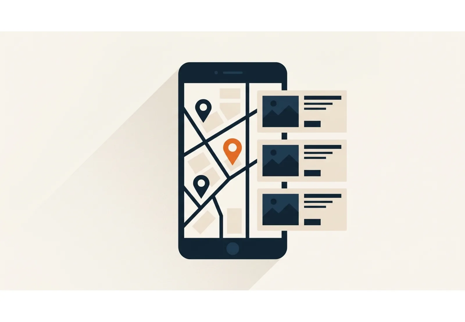 Illustration of a phone showing a local map with three pins and three listing cards, one pin highlighted in orange