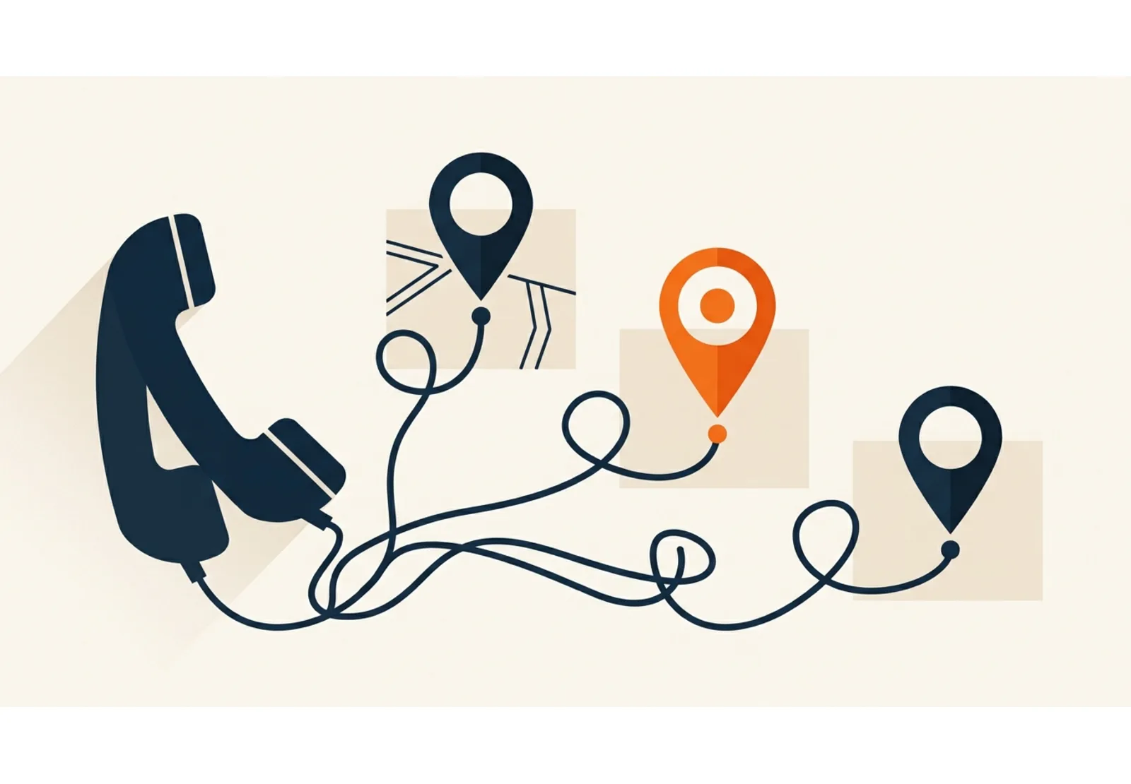 Illustration of a phone handset with cords branching out to three map pins, one highlighted in orange
