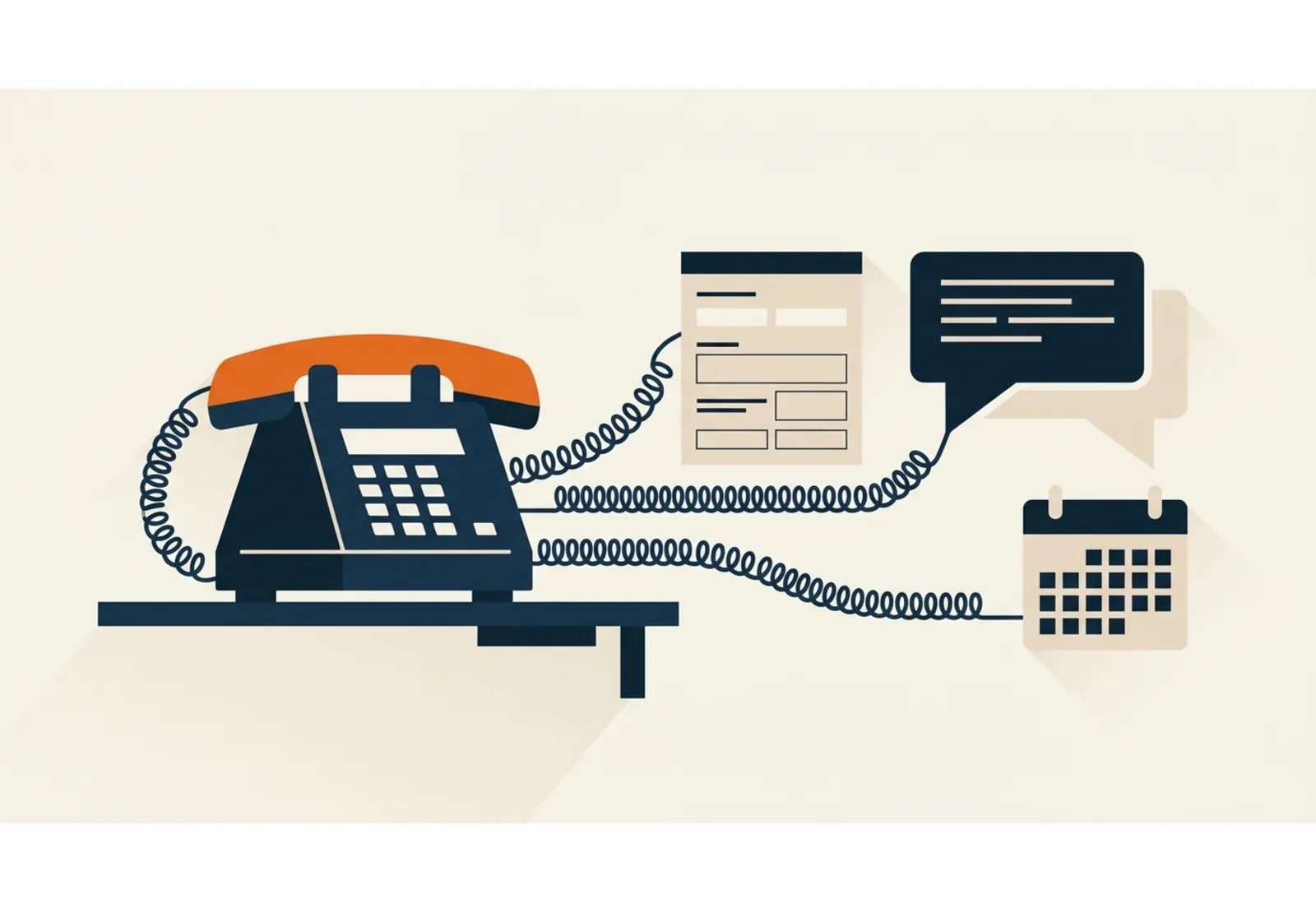 Illustration of a desk telephone with three cords running to a form, a chat bubble and a calendar, the phone handset in orange