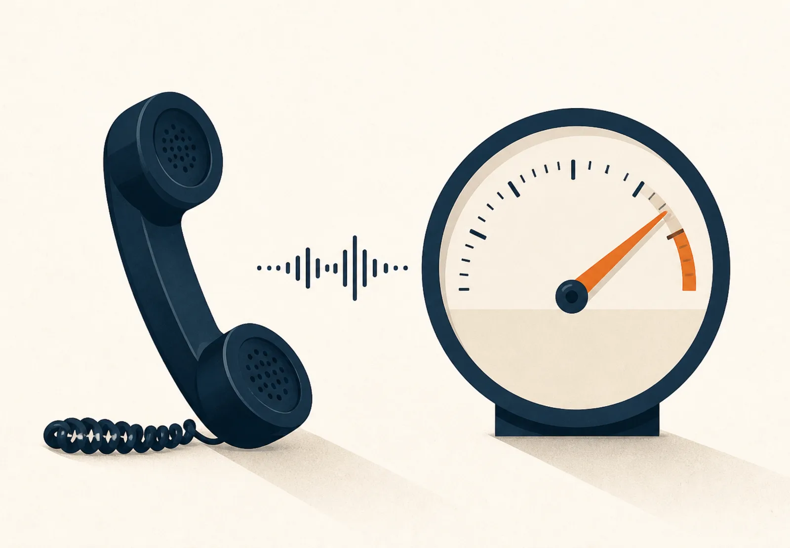 Illustration of a telephone handset next to a usage meter with an orange needle