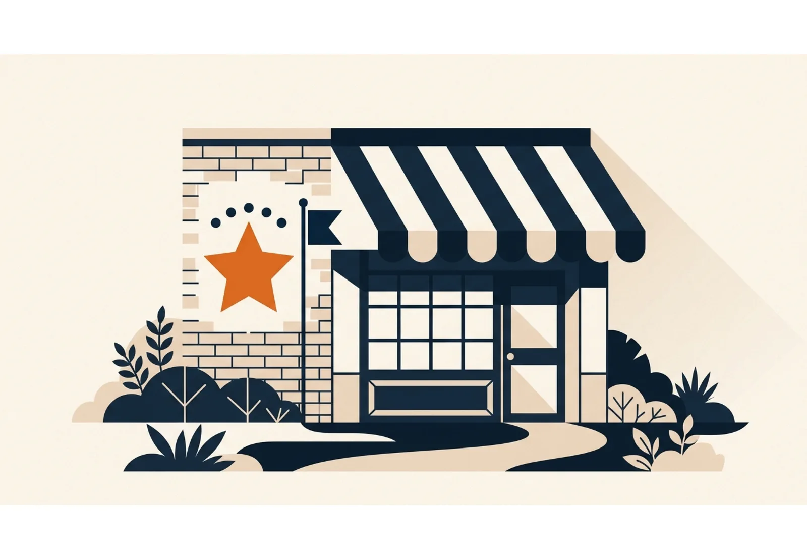Illustration of a storefront awning with a large review star and a small flag marker beside it