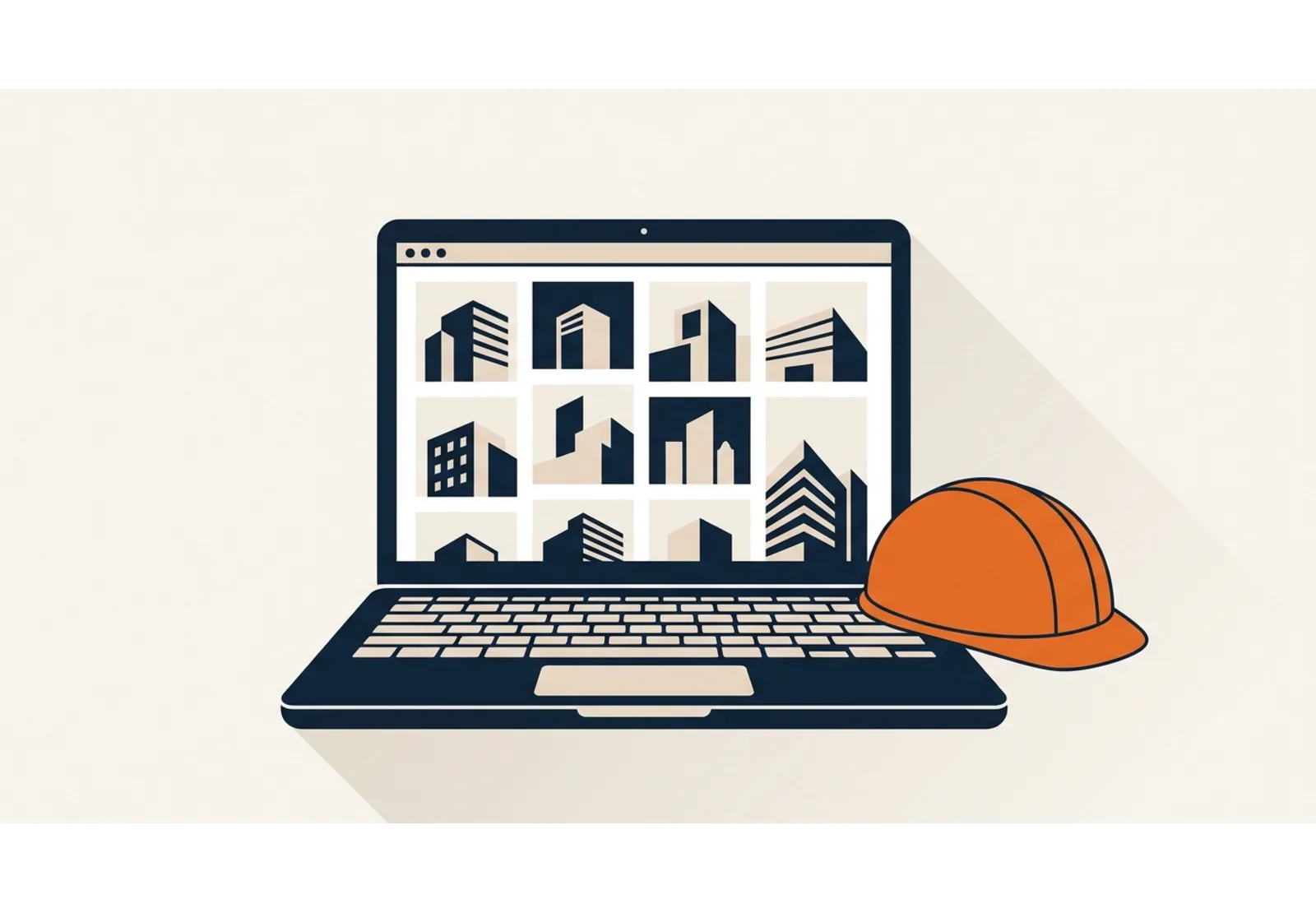 Illustration of a laptop showing a portfolio grid of building photos with a hard hat resting beside it
