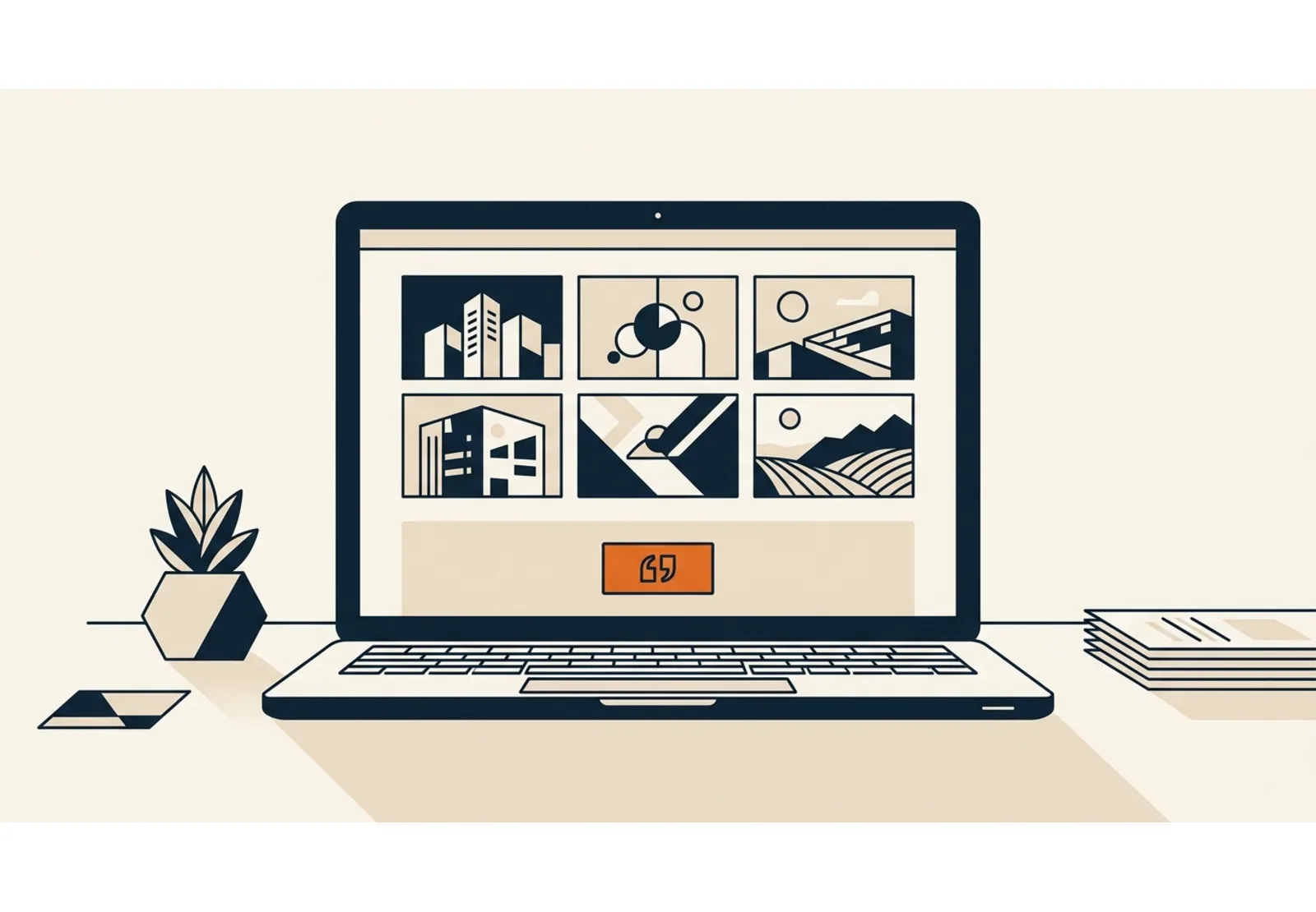 Illustration of a laptop showing a web page with a grid of project photos and one orange quote button