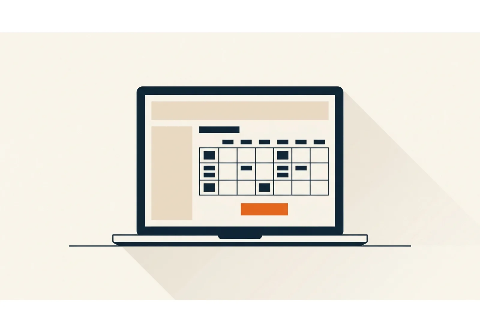 Illustration of a laptop showing a simple page layout with a calendar booking panel and one highlighted button