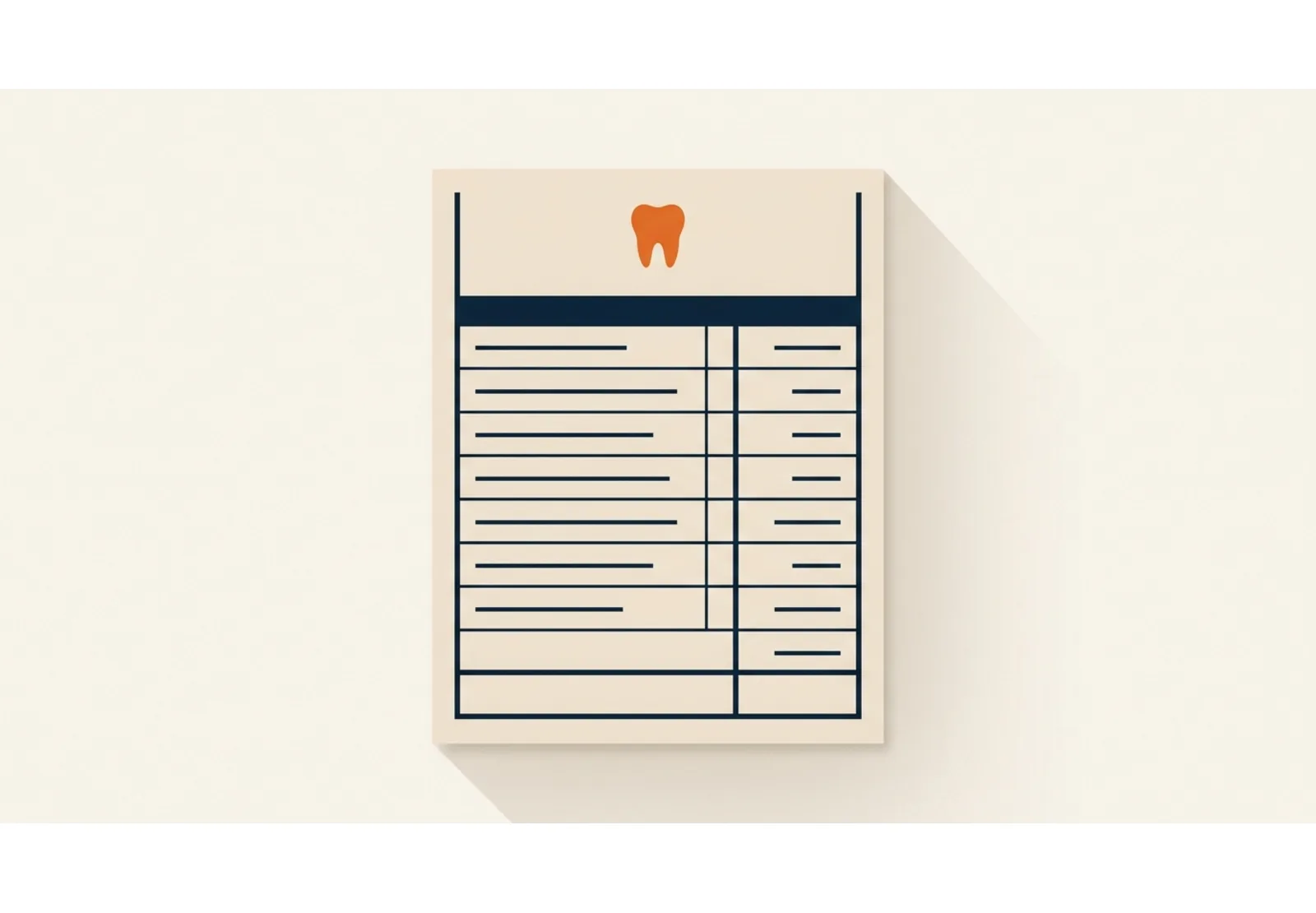 Illustration of a long itemized paper receipt with blank line rows, a small orange tooth shape stamped at the top