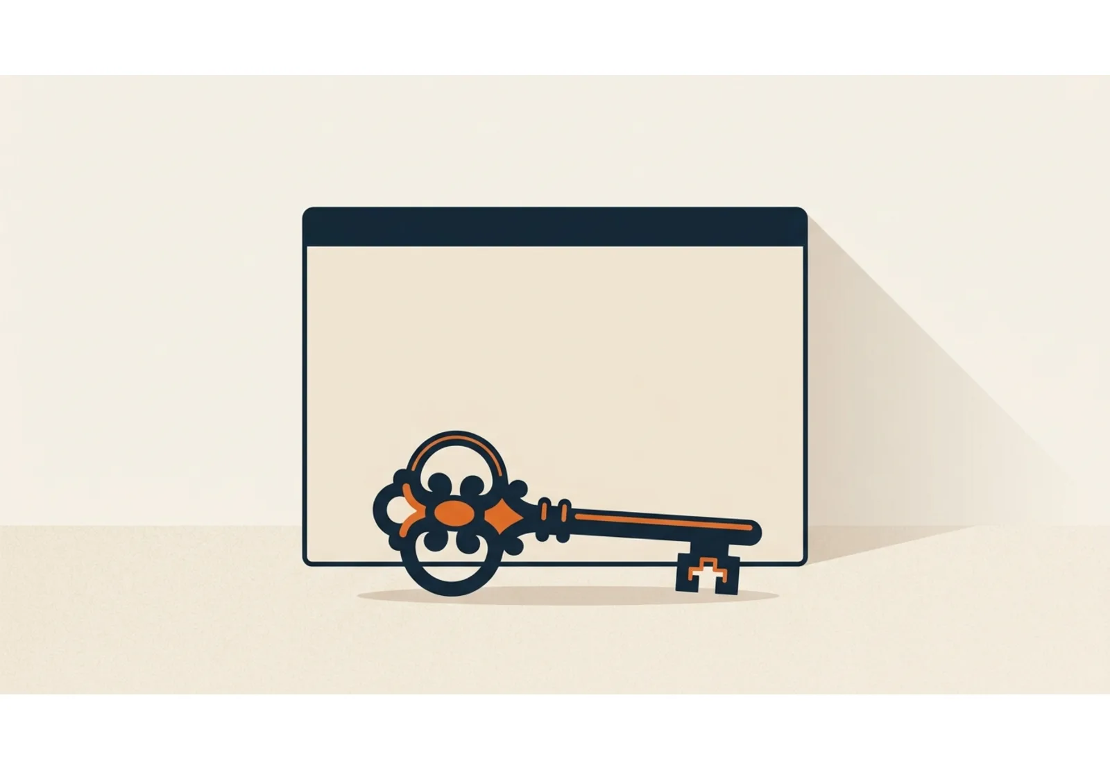 Illustration of a large key resting in front of a browser window frame
