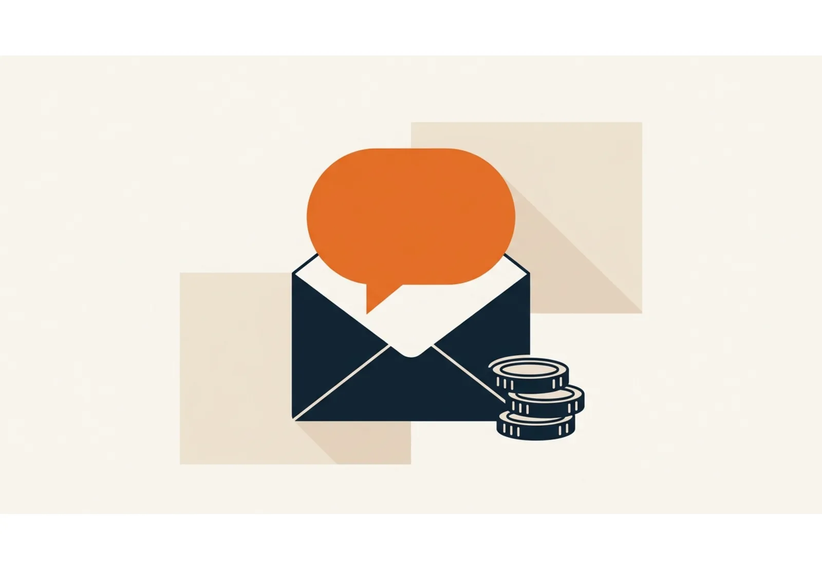 Illustration of an open envelope with a chat bubble emerging from it, next to a stack of coins