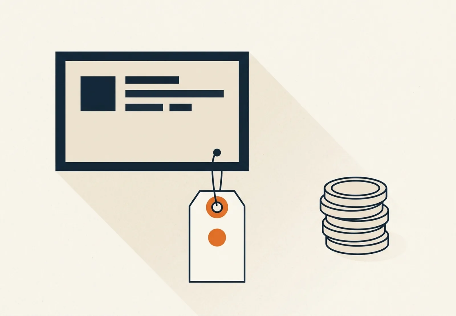 Illustration of a blank price tag hanging from a social media post card beside a stack of coins