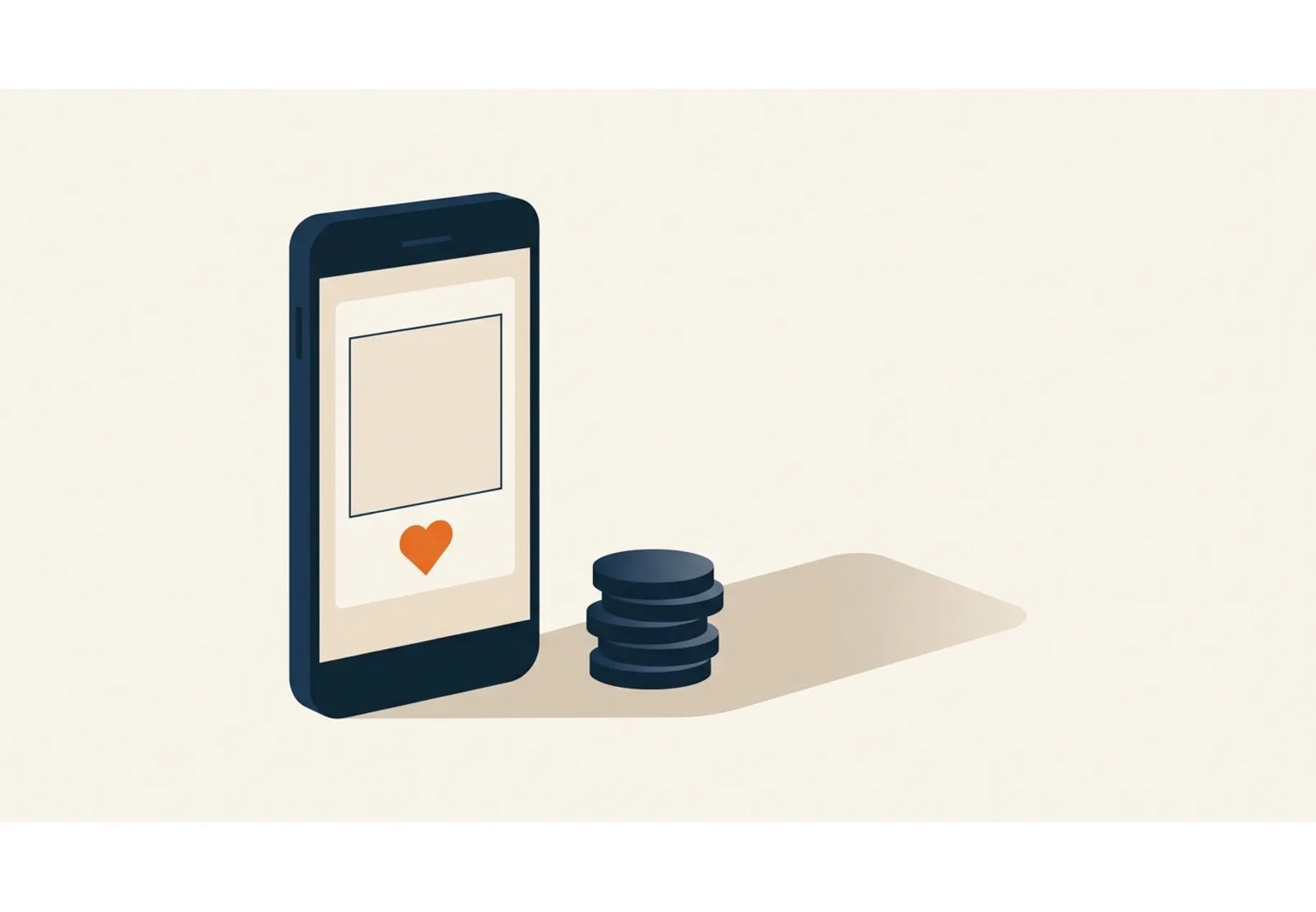 Illustration of a smartphone showing a social media post with a heart icon, next to a stack of coins