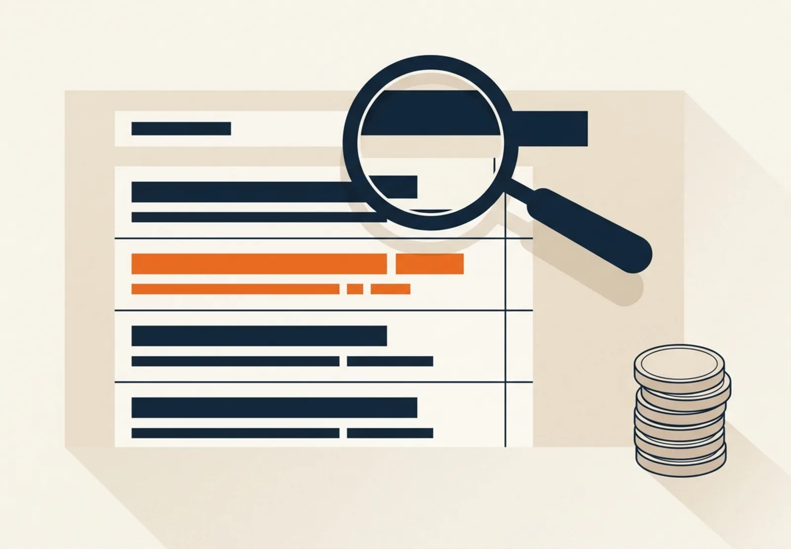 Illustration of a search result row with a price tag hanging from it and a small stack of coins beside the cursor