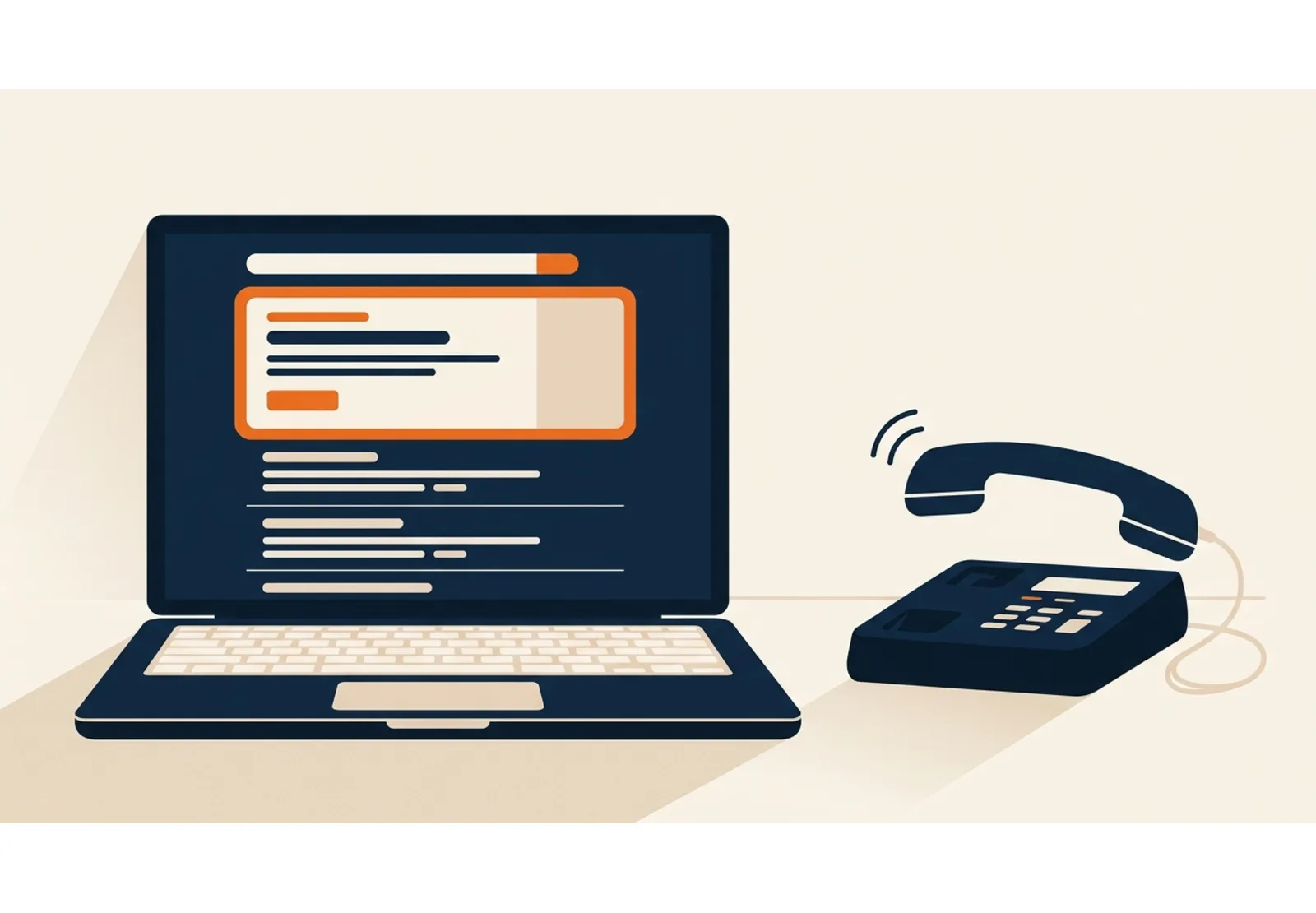 Illustration of a laptop showing a search results page with one highlighted result, next to a ringing telephone