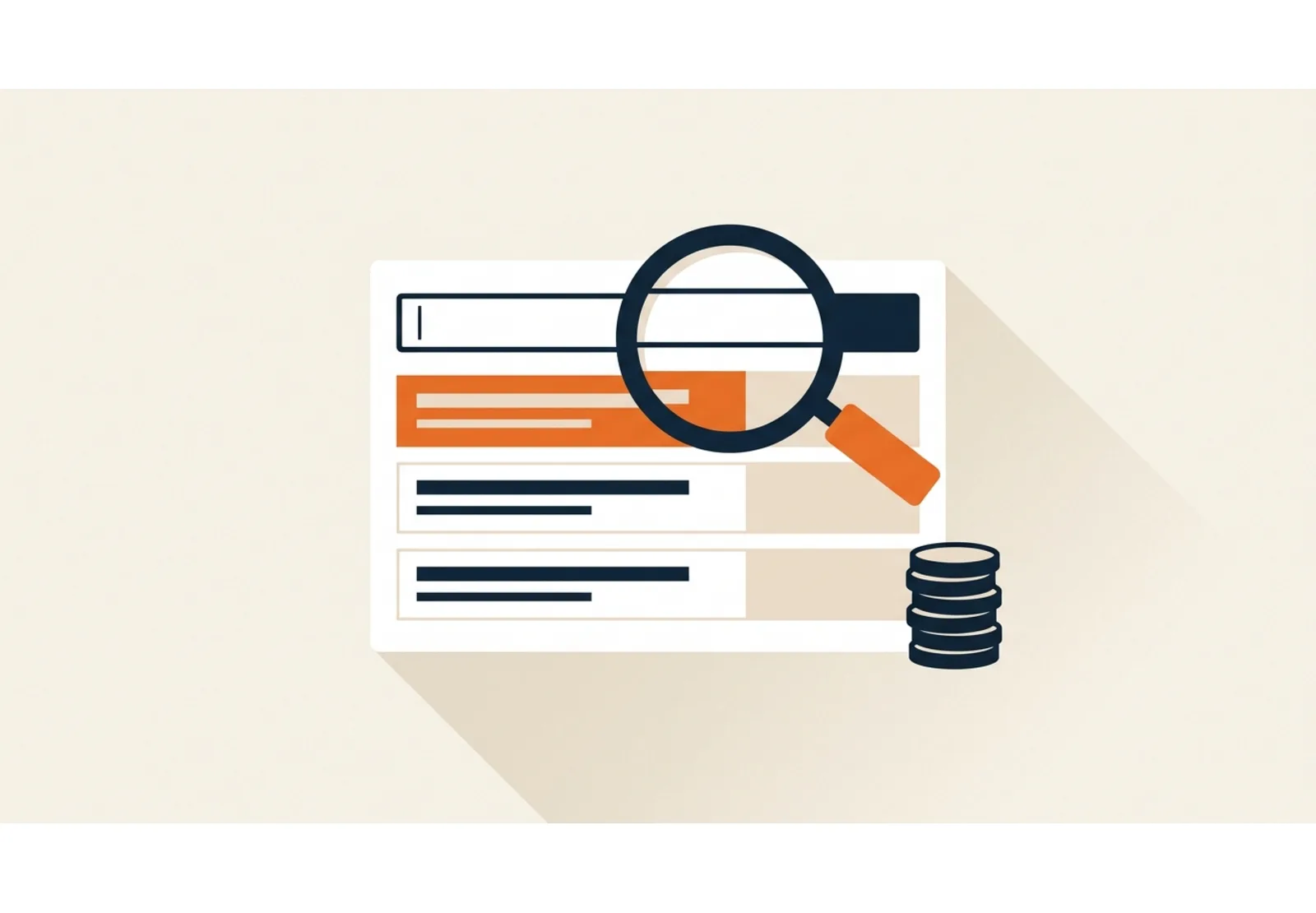 Illustration of a search results page with one row highlighted in orange, a magnifying glass, and a stack of coins