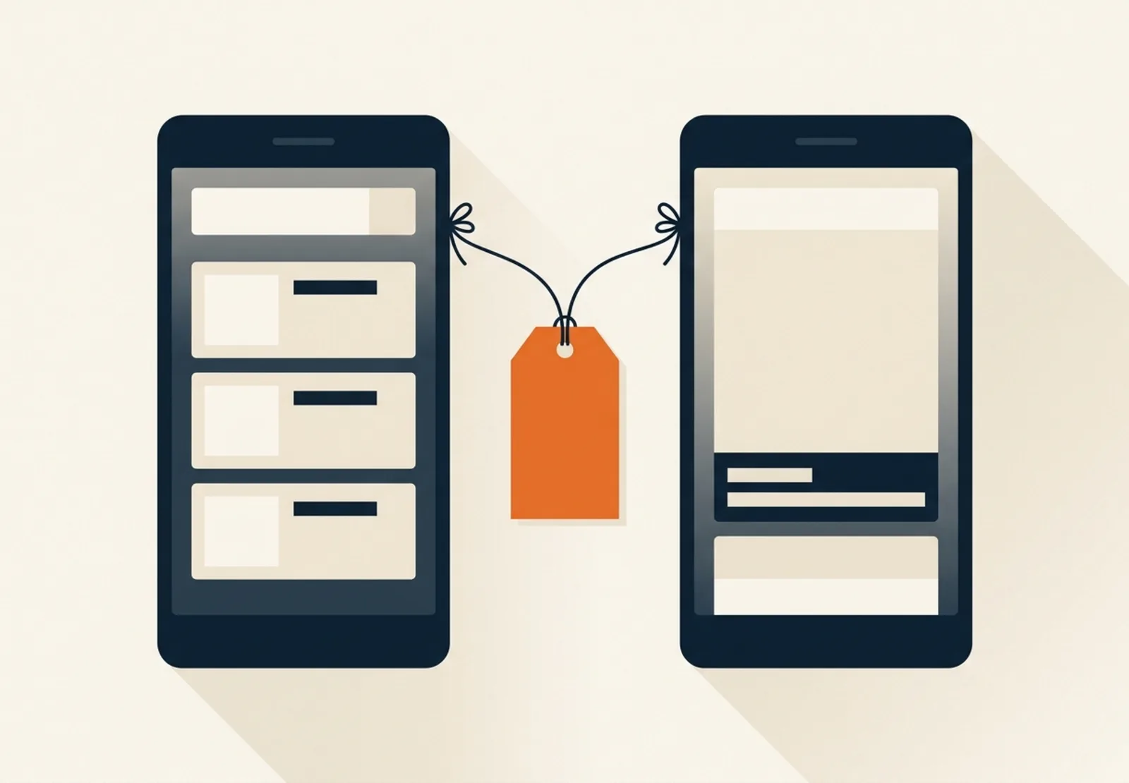 Illustration of two phone screens, one with a search ad and one with a social feed ad, joined by a single orange price tag