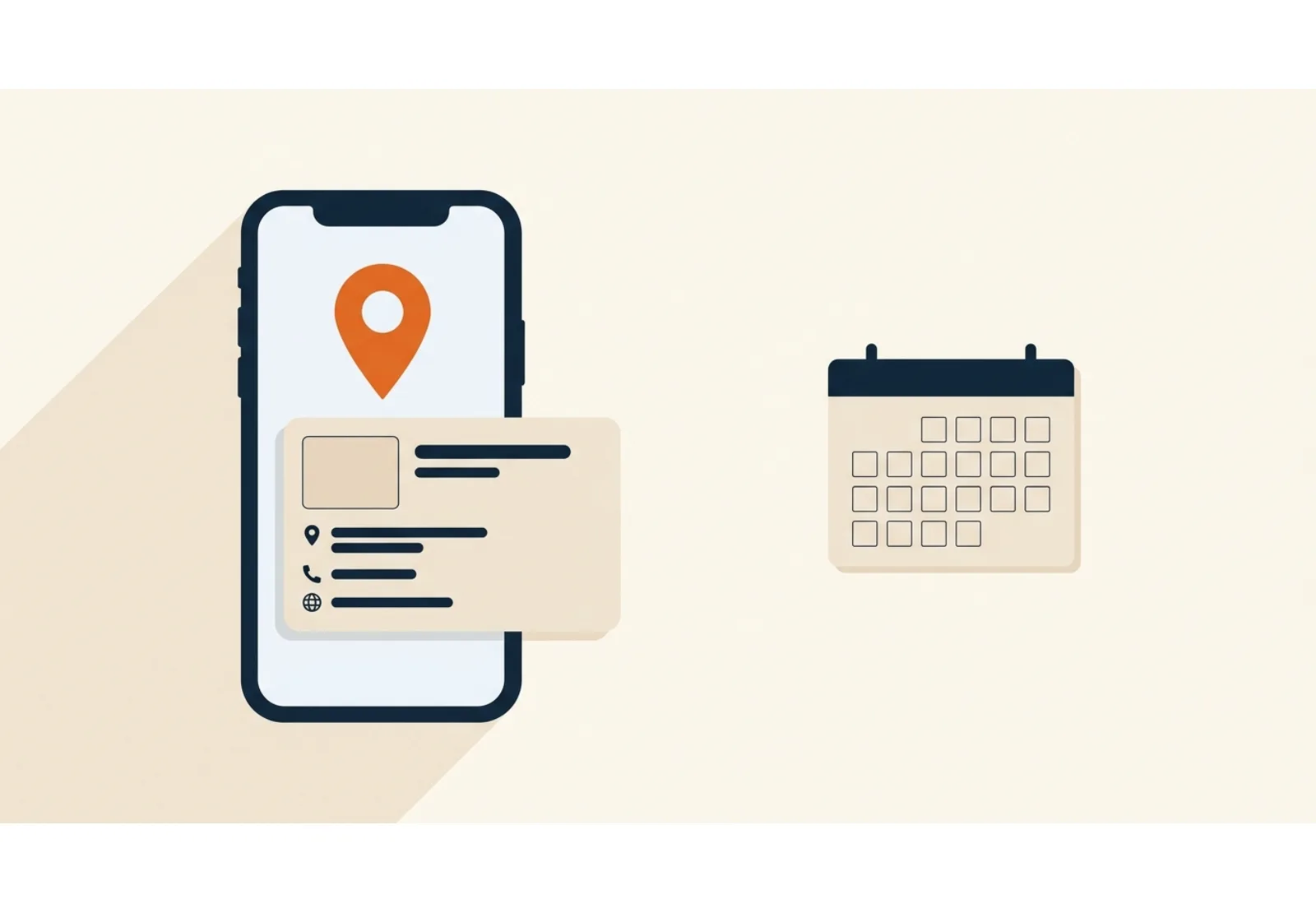 Illustration of a phone showing a business listing card beneath a large orange map pin, with a small calendar beside it