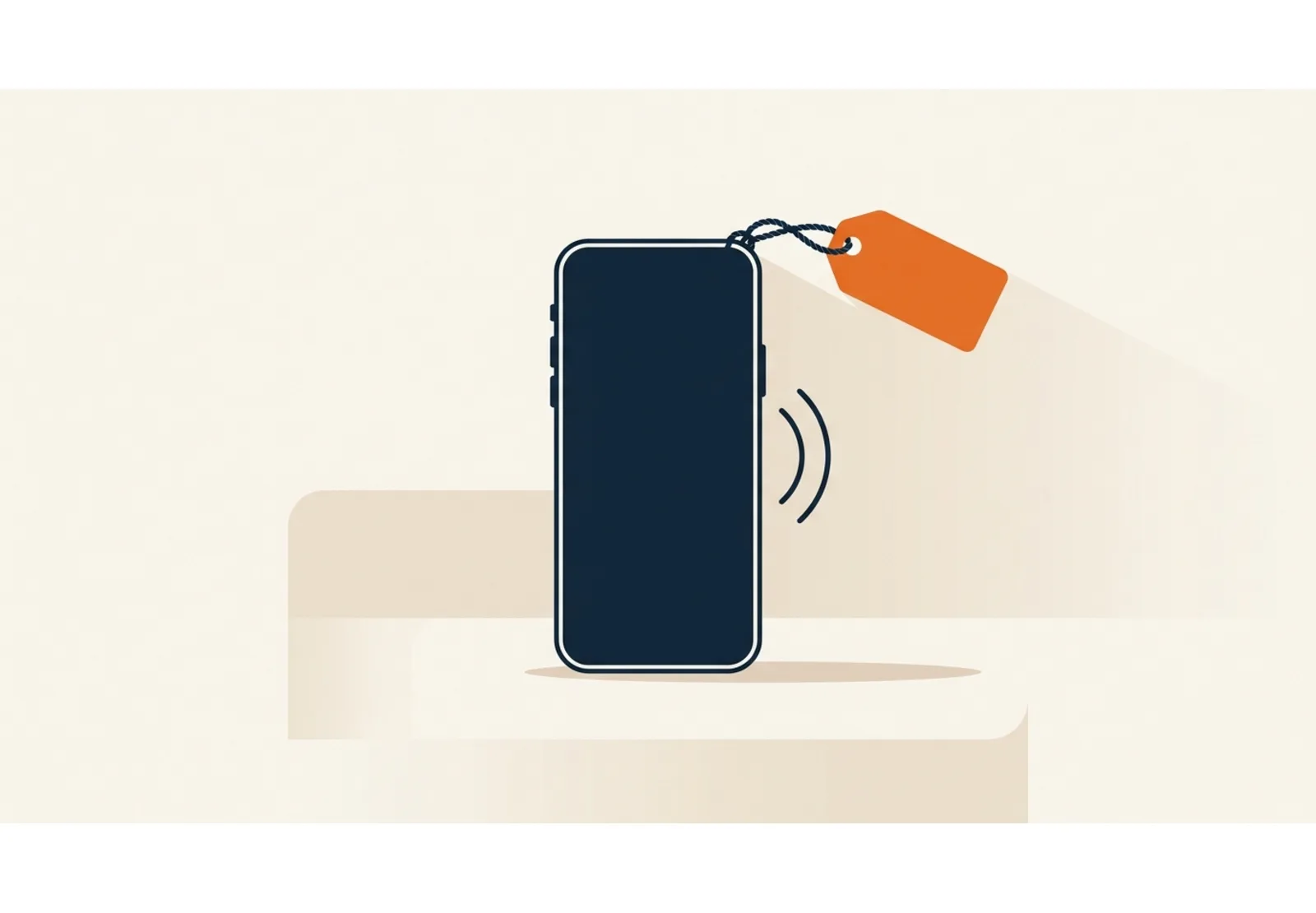 Illustration of a ringing mobile phone with a single orange price tag tied to it