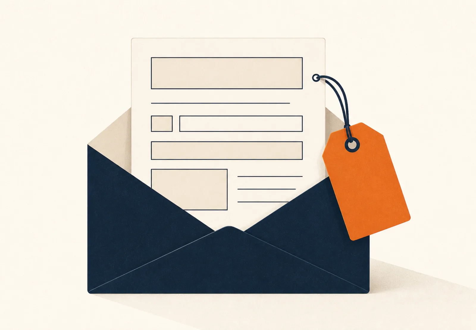 Illustration of a form sliding out of an envelope with a blank orange price tag attached