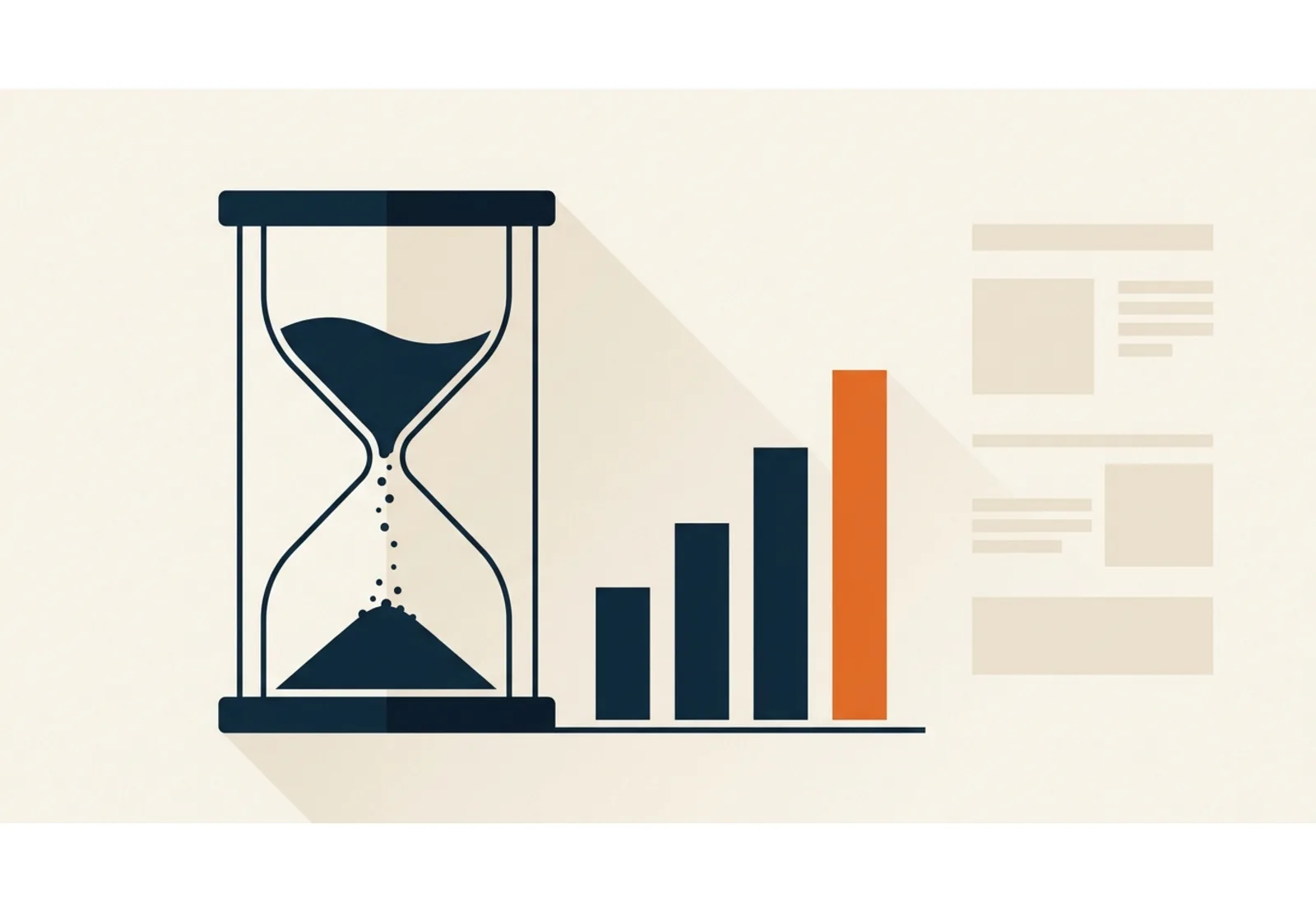 Illustration of an hourglass next to a small bar chart with four rising bars