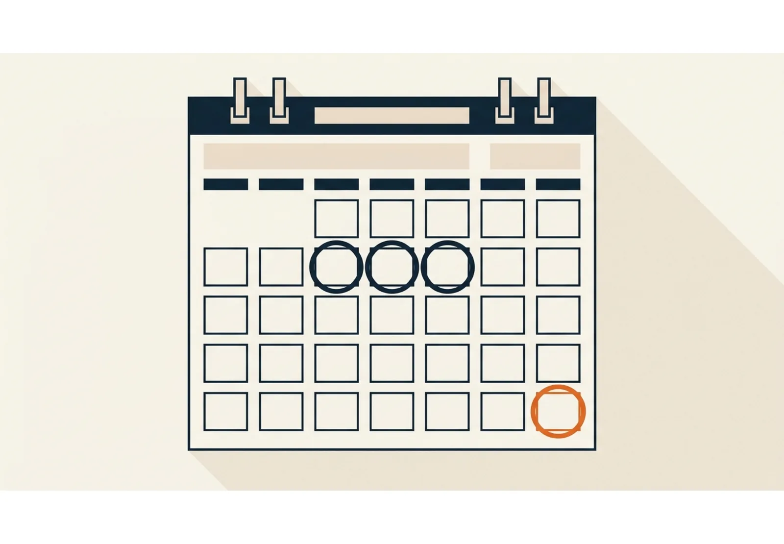 Illustration of a wall calendar with four dates ringed and the last one marked in orange