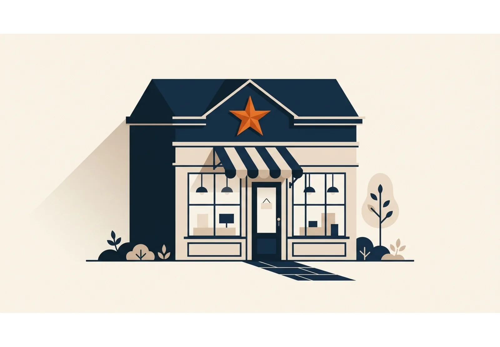 Illustration of a small storefront with a large review star hanging above the door