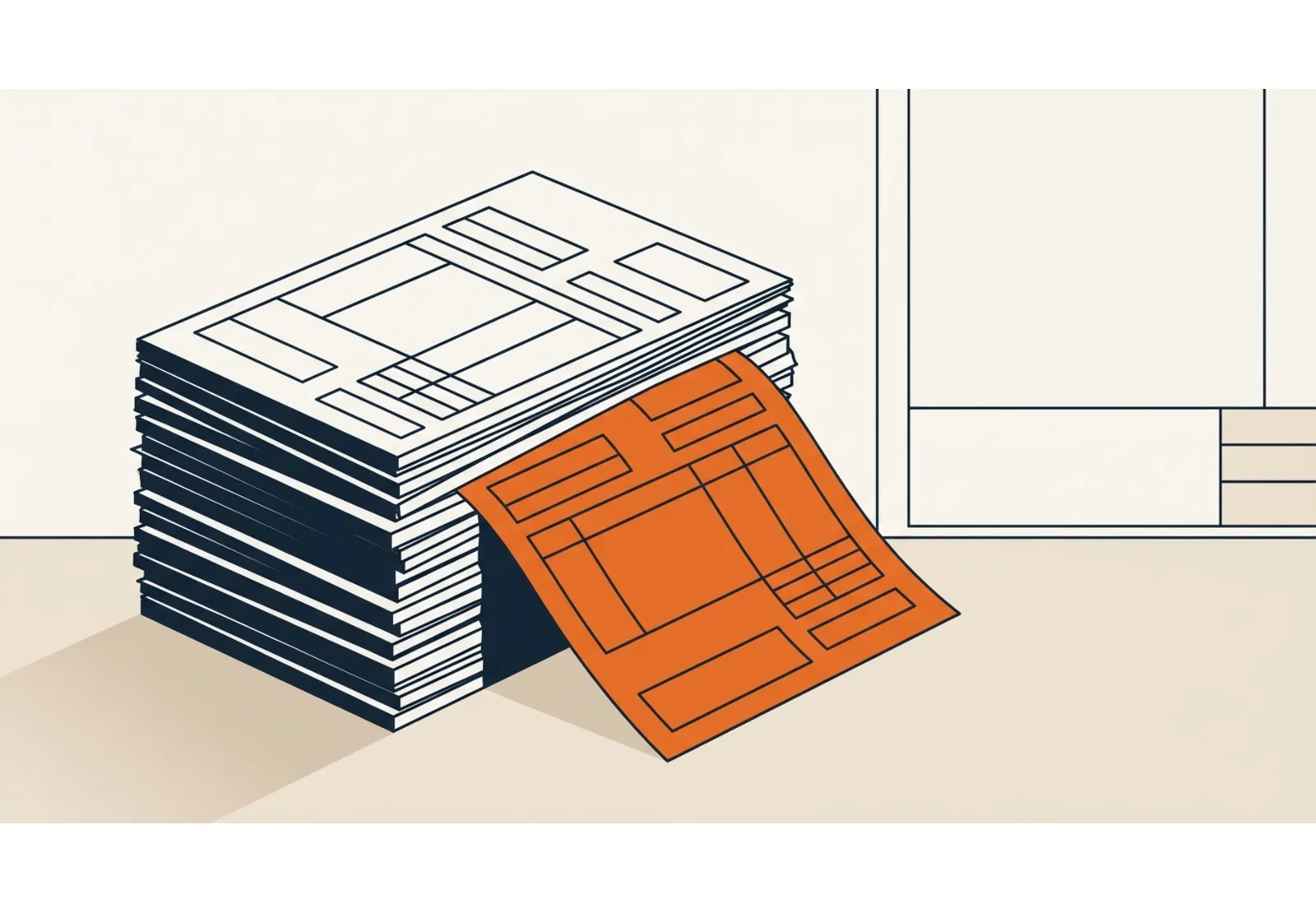 Illustration of a stack of invoices with one sheet pulled out and highlighted