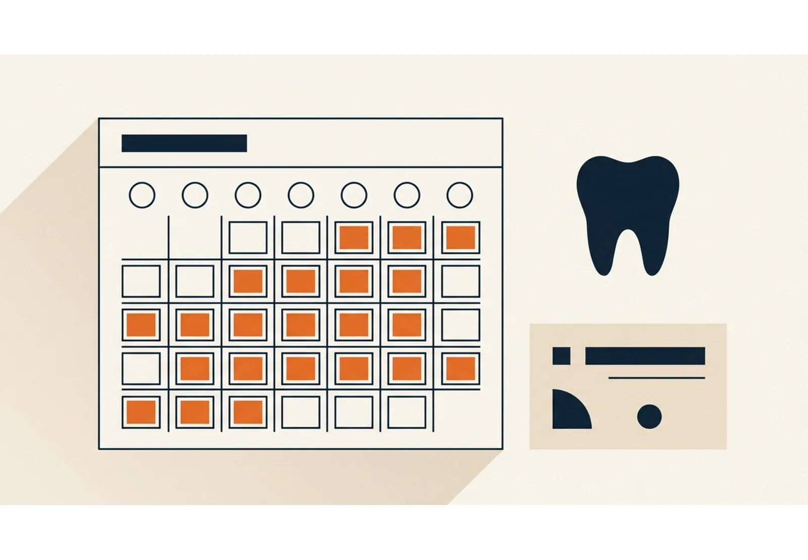 Illustration of a wall calendar with most appointment slots filled, next to a single tooth shape