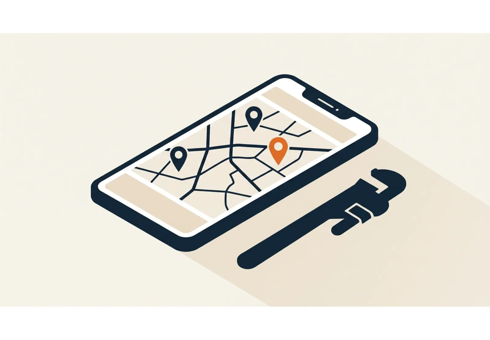 Illustration of a phone showing a local map with three pins, one highlighted, next to a pipe wrench