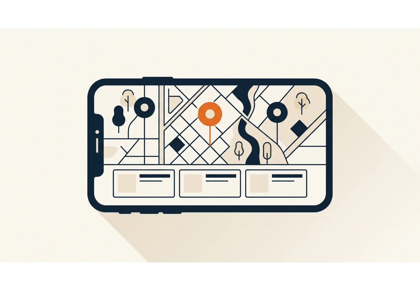 Illustration of a phone showing a local map with three location pins, the middle one highlighted, above three listing cards