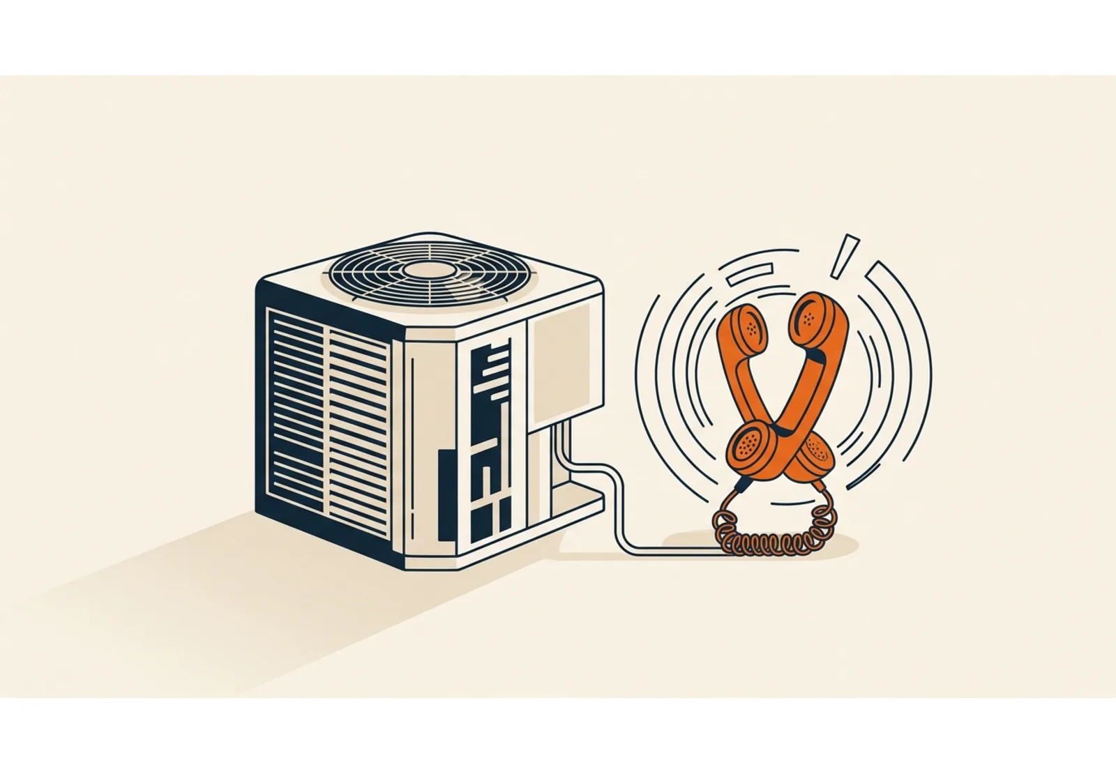 Illustration of an outdoor air-conditioning unit beside a ringing telephone handset