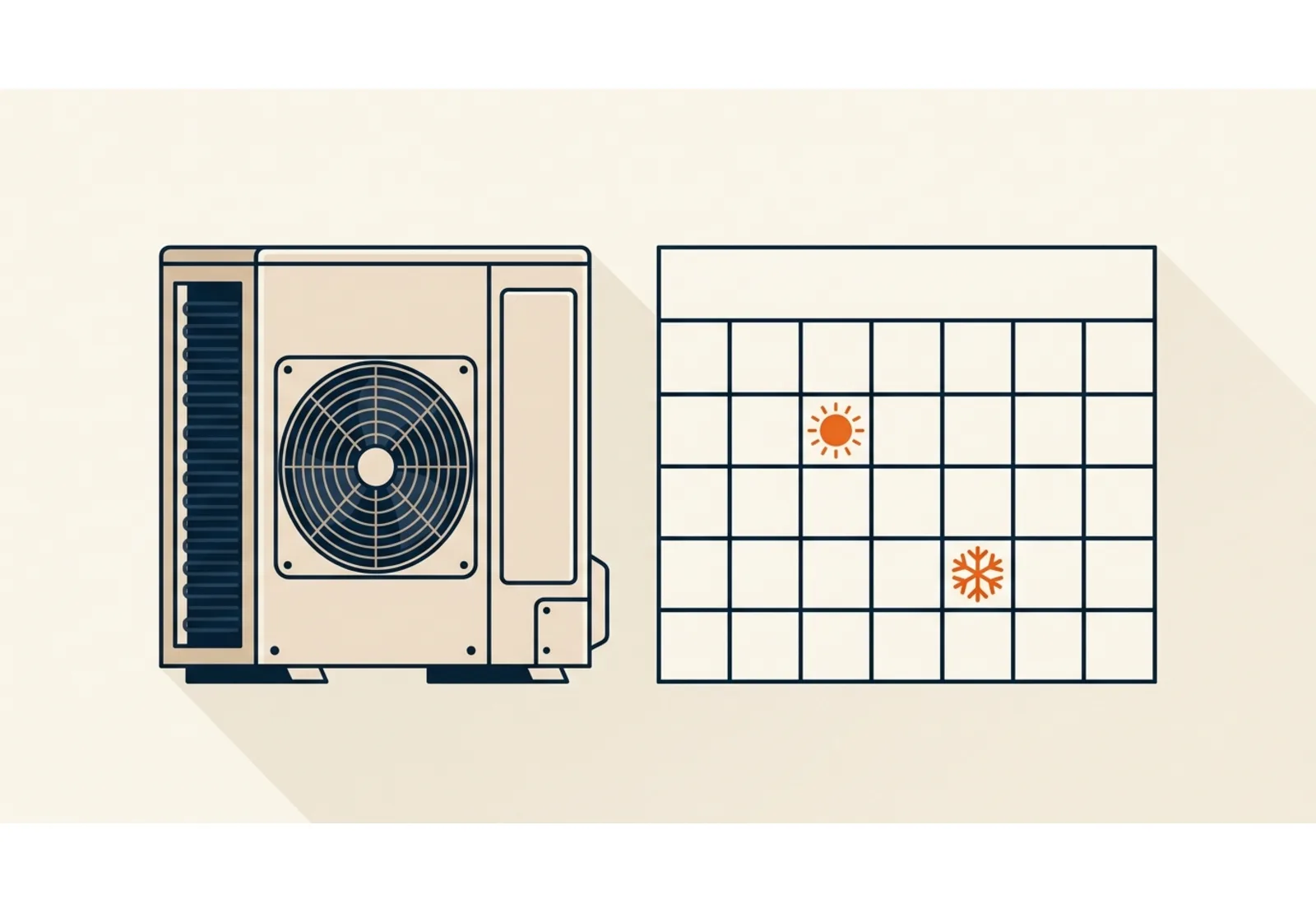 Illustration of an outdoor air conditioner unit beside a blank four-season calendar marked with a sun and a snowflake