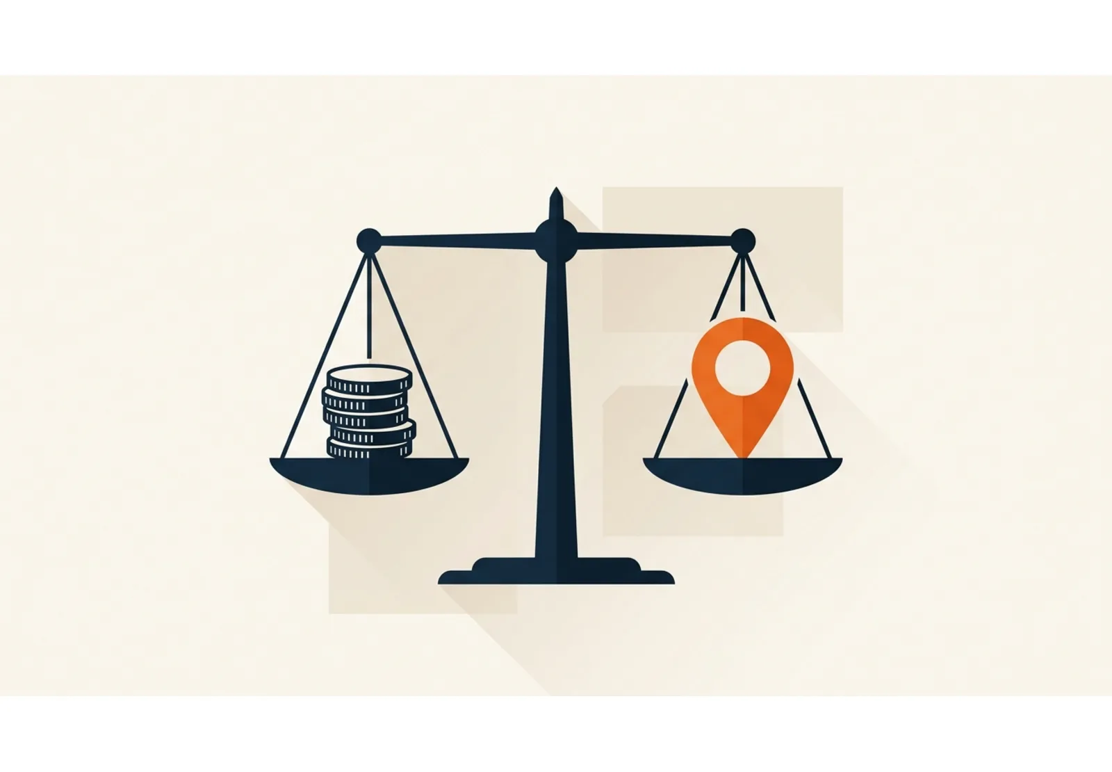 Illustration of a balance scale with a stack of coins on one pan and a map pin on the other
