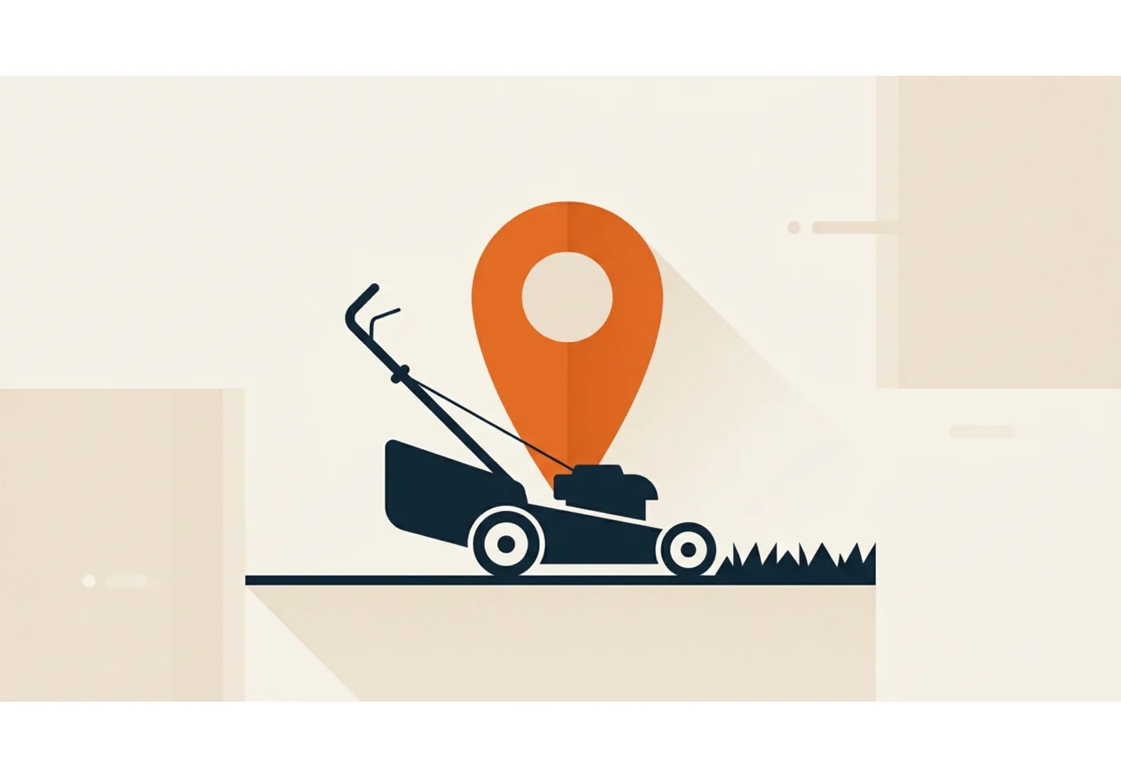 Illustration of a push lawn mower on a strip of lawn with a large map pin standing behind it