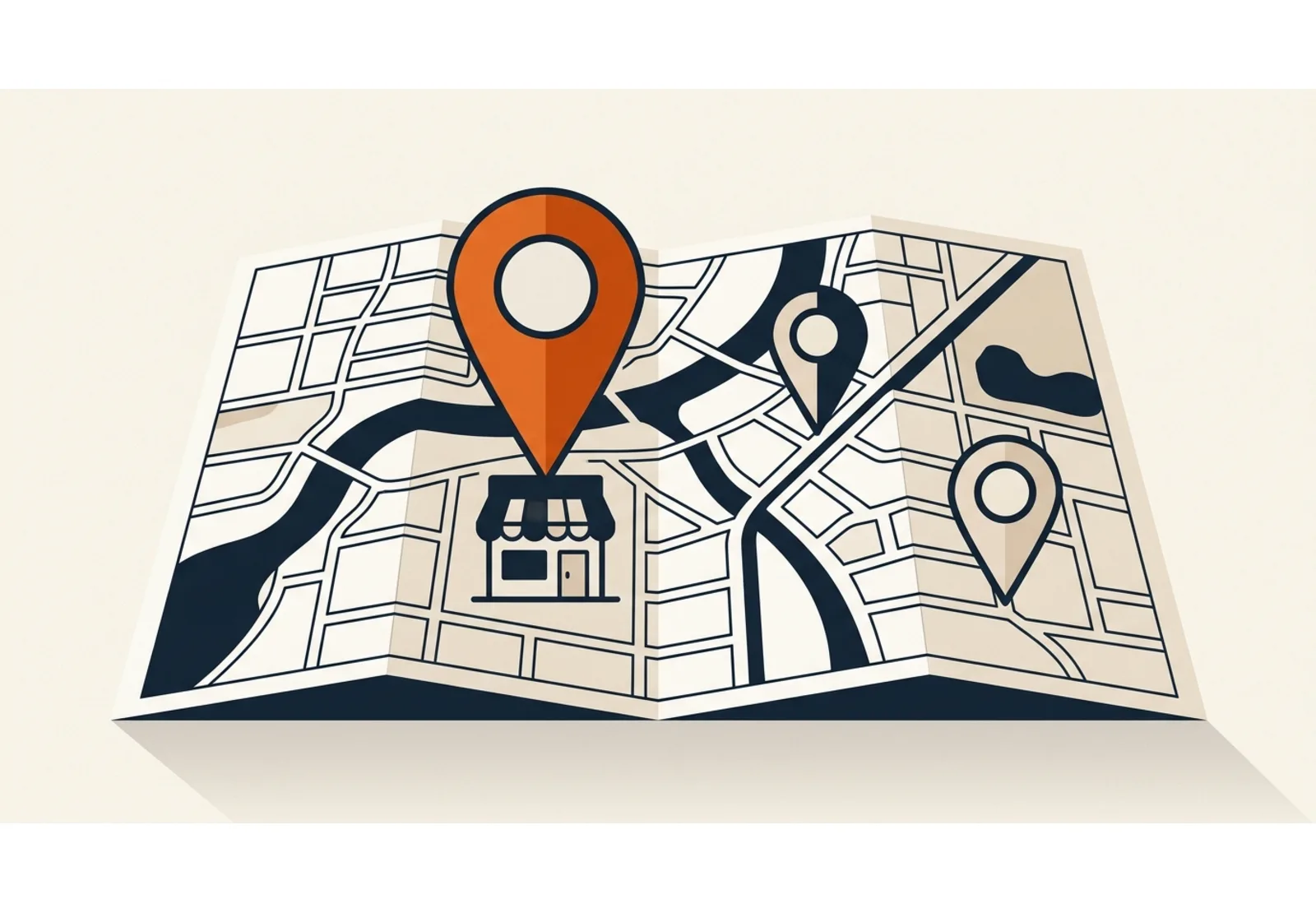 Illustration of a folded map with a large orange pin marking a storefront and two smaller pins nearby