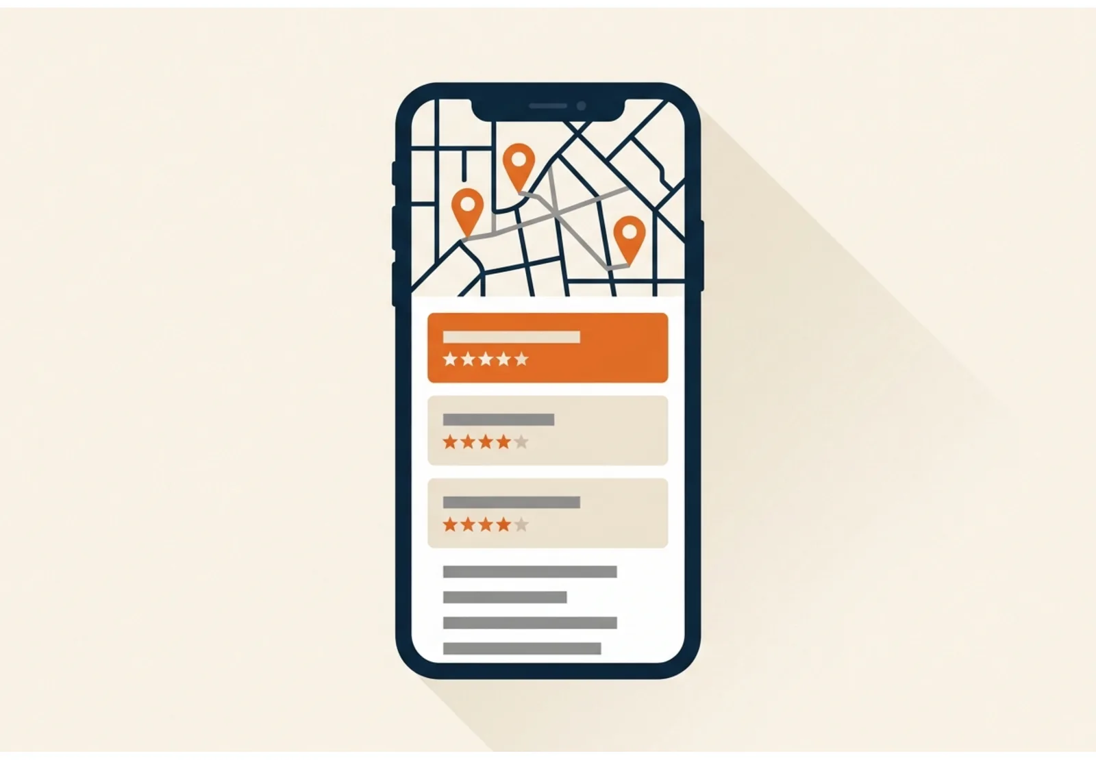 Illustration of a phone showing a local search result: a map with three pinned businesses above the organic results
