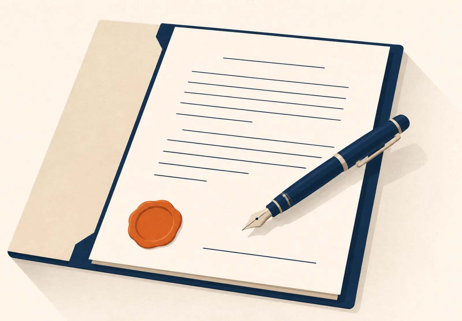Illustration of a contract with a signature line, a fountain pen and an orange wax seal