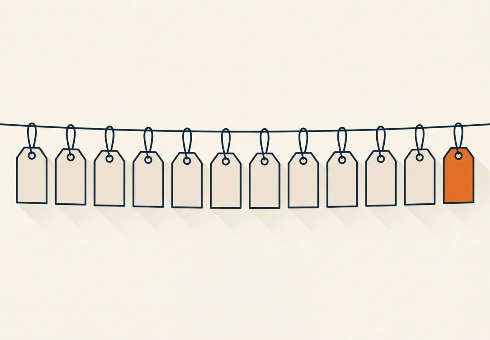 Illustration of blank price tags hanging in a row from one string, the last tag in orange