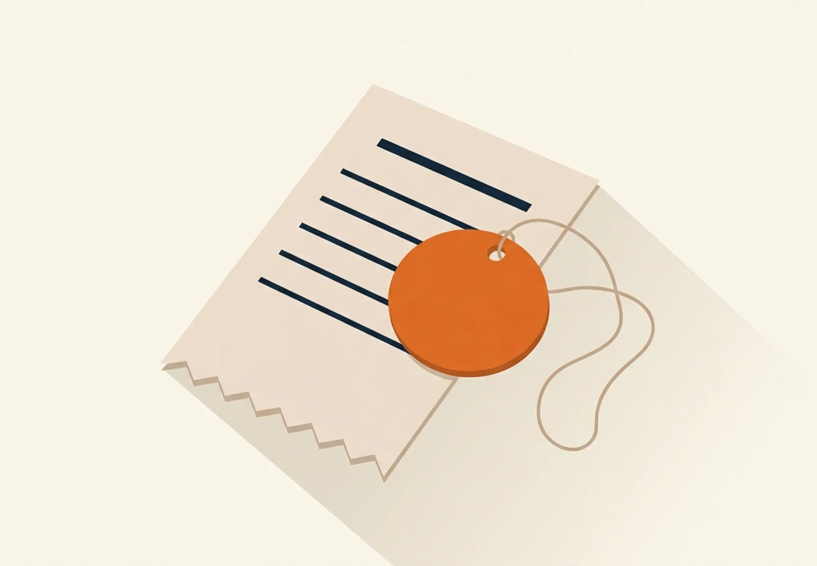 Illustration of a short paper receipt on a desk with a single orange price tag resting on it