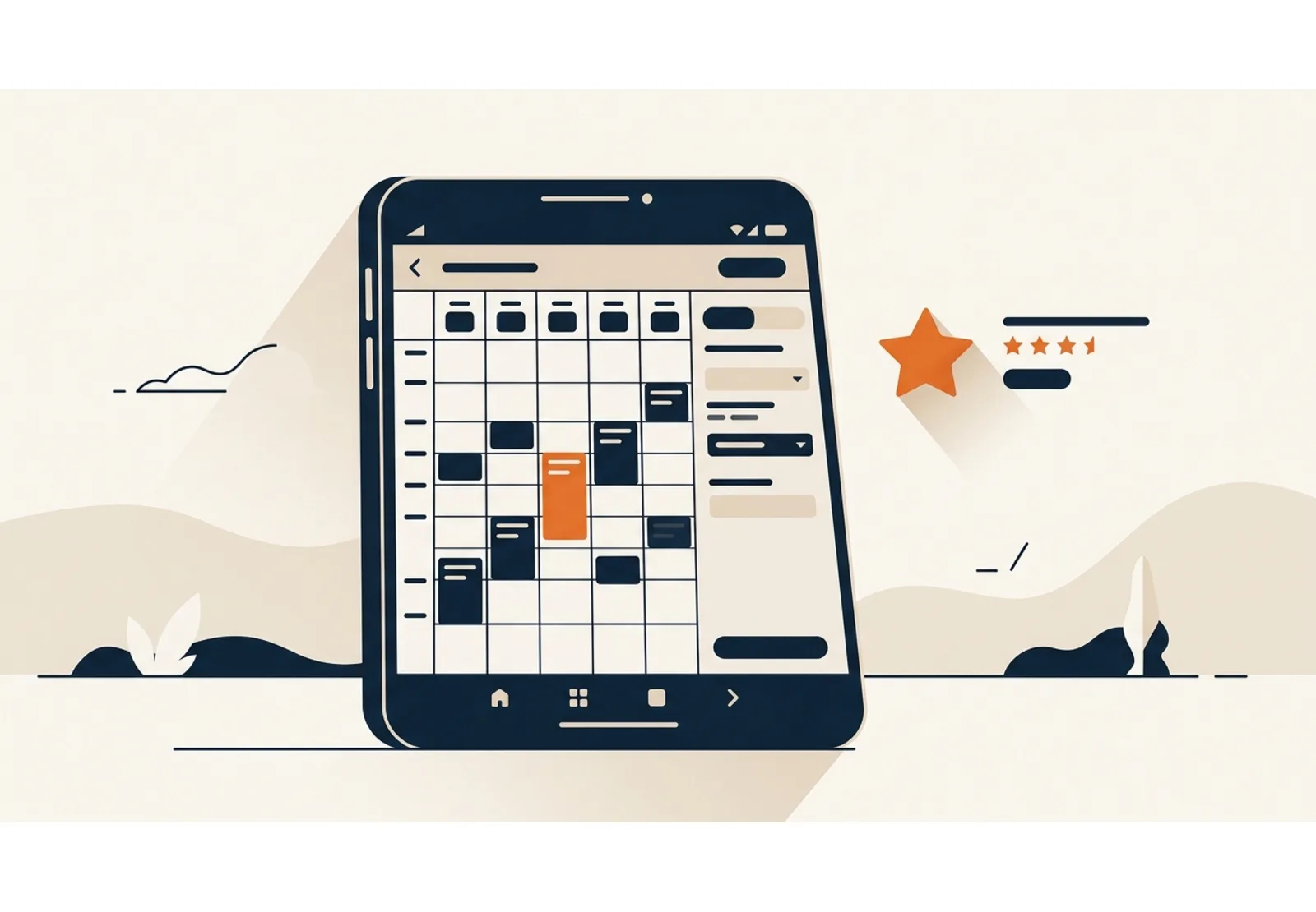 Illustration of a phone showing a booking calendar with filled appointment slots, with a review star floating beside it