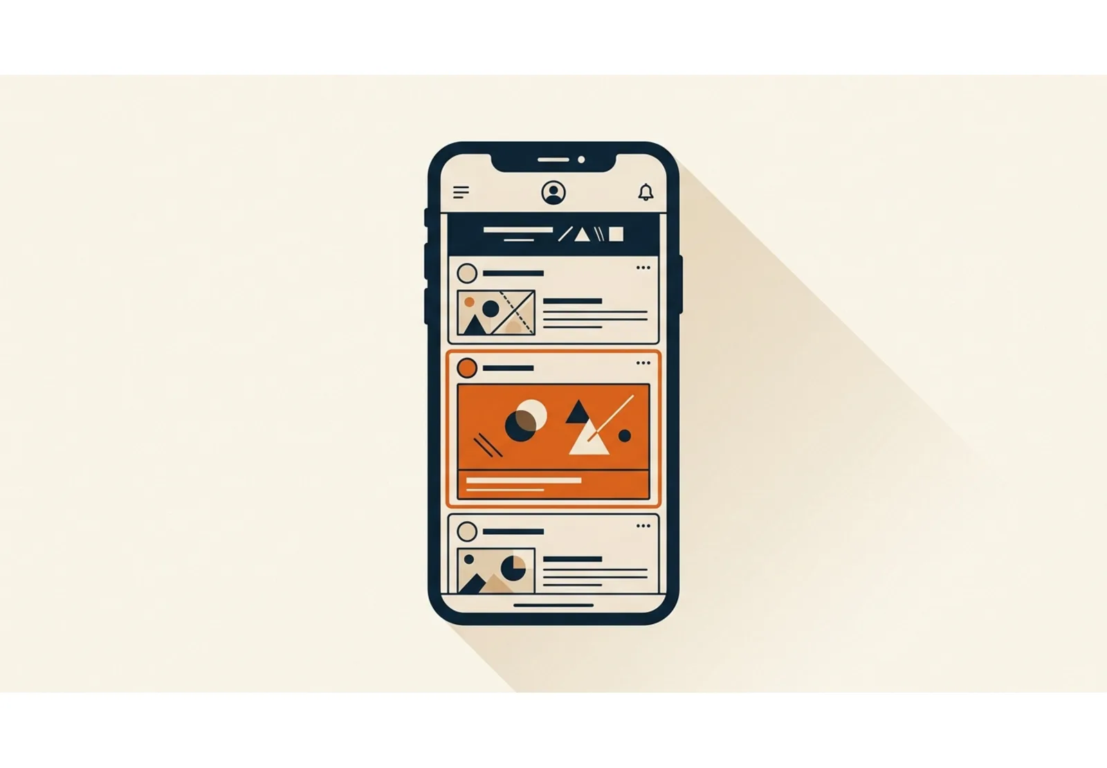 Illustration of a smartphone showing a social feed with three ad cards, one of them highlighted in orange
