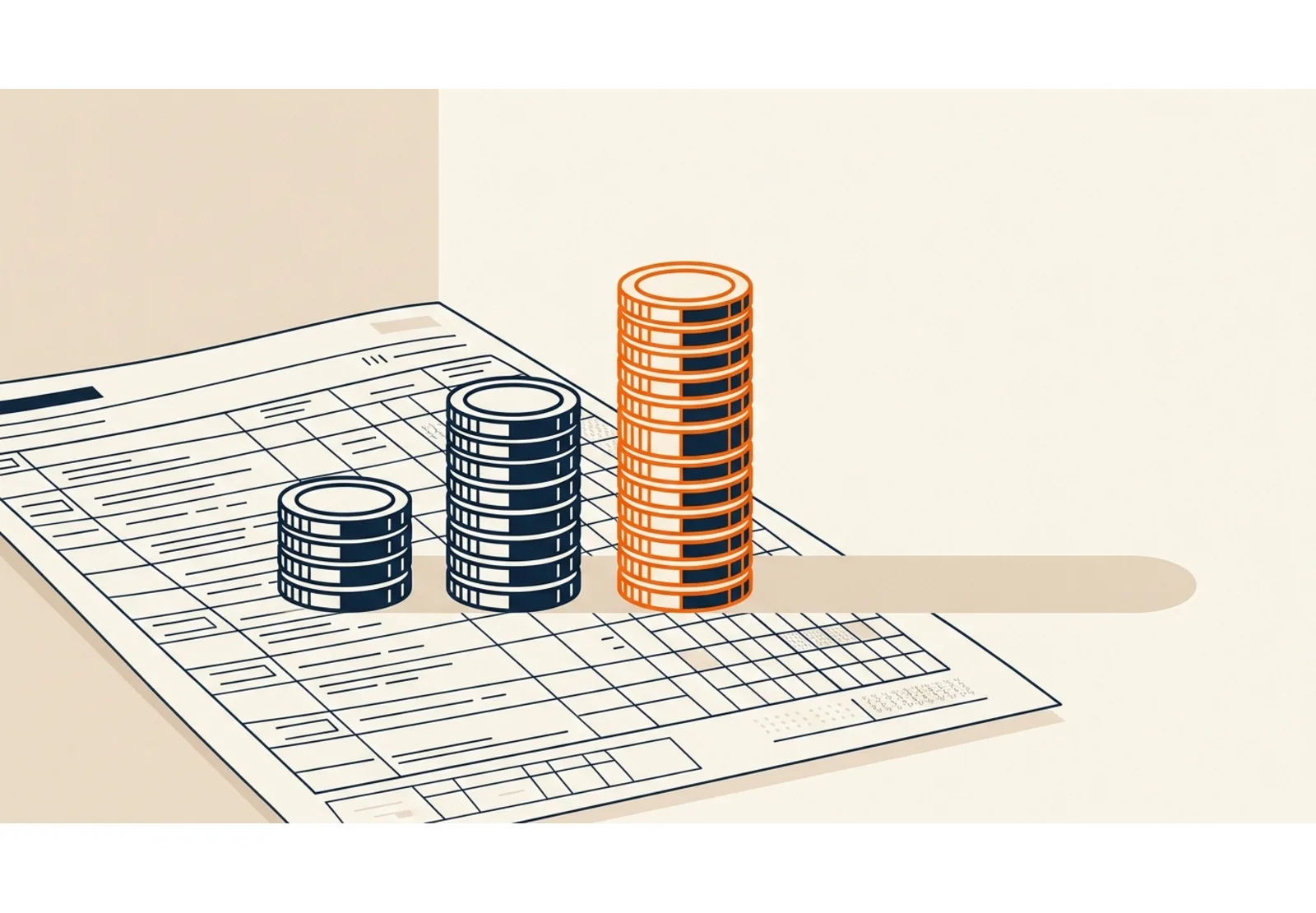Illustration of three coin stacks of rising height on a ledger sheet, the tallest stack marked in orange