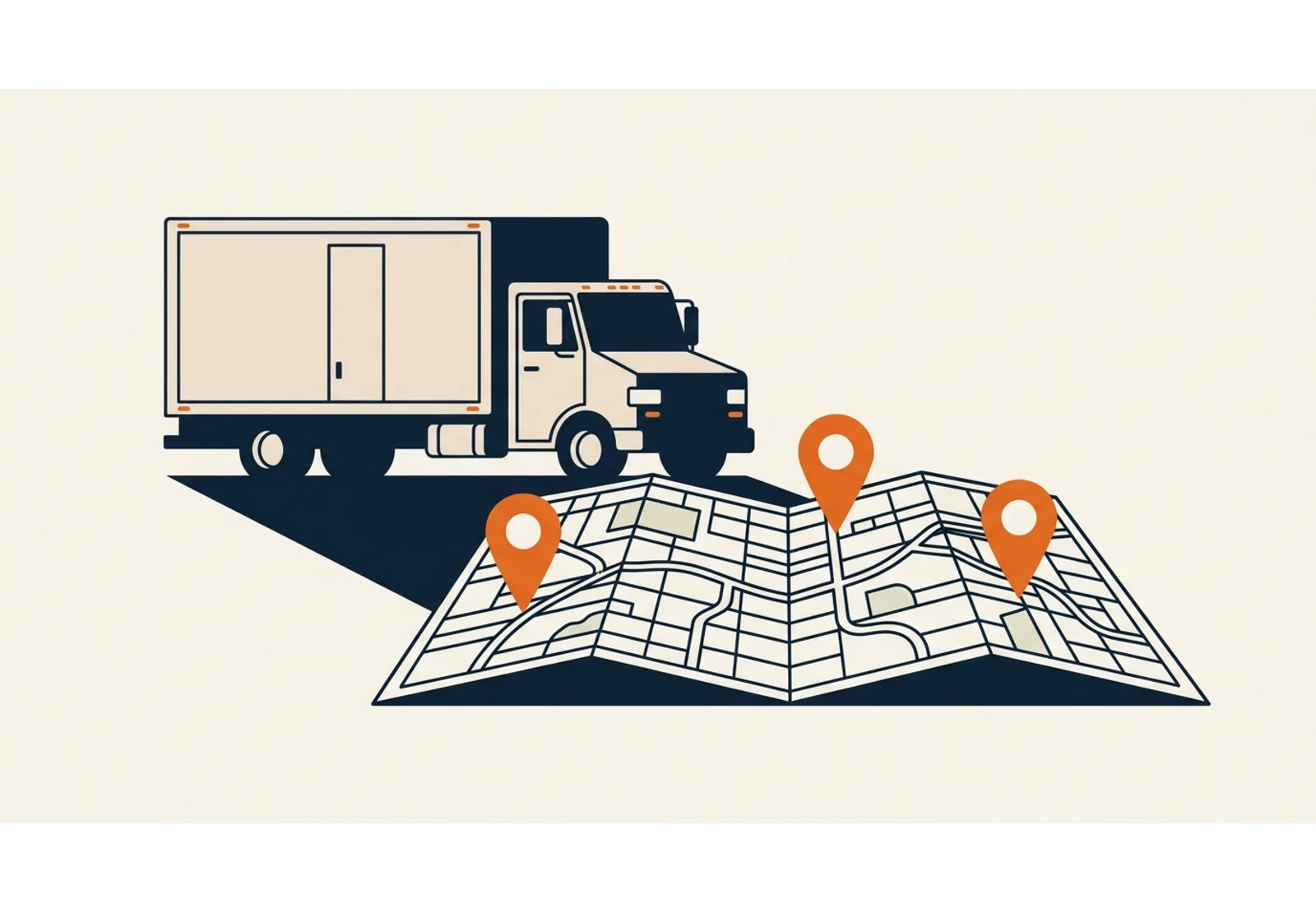 Illustration of a moving truck parked beside a folded street map with three location pins standing on it