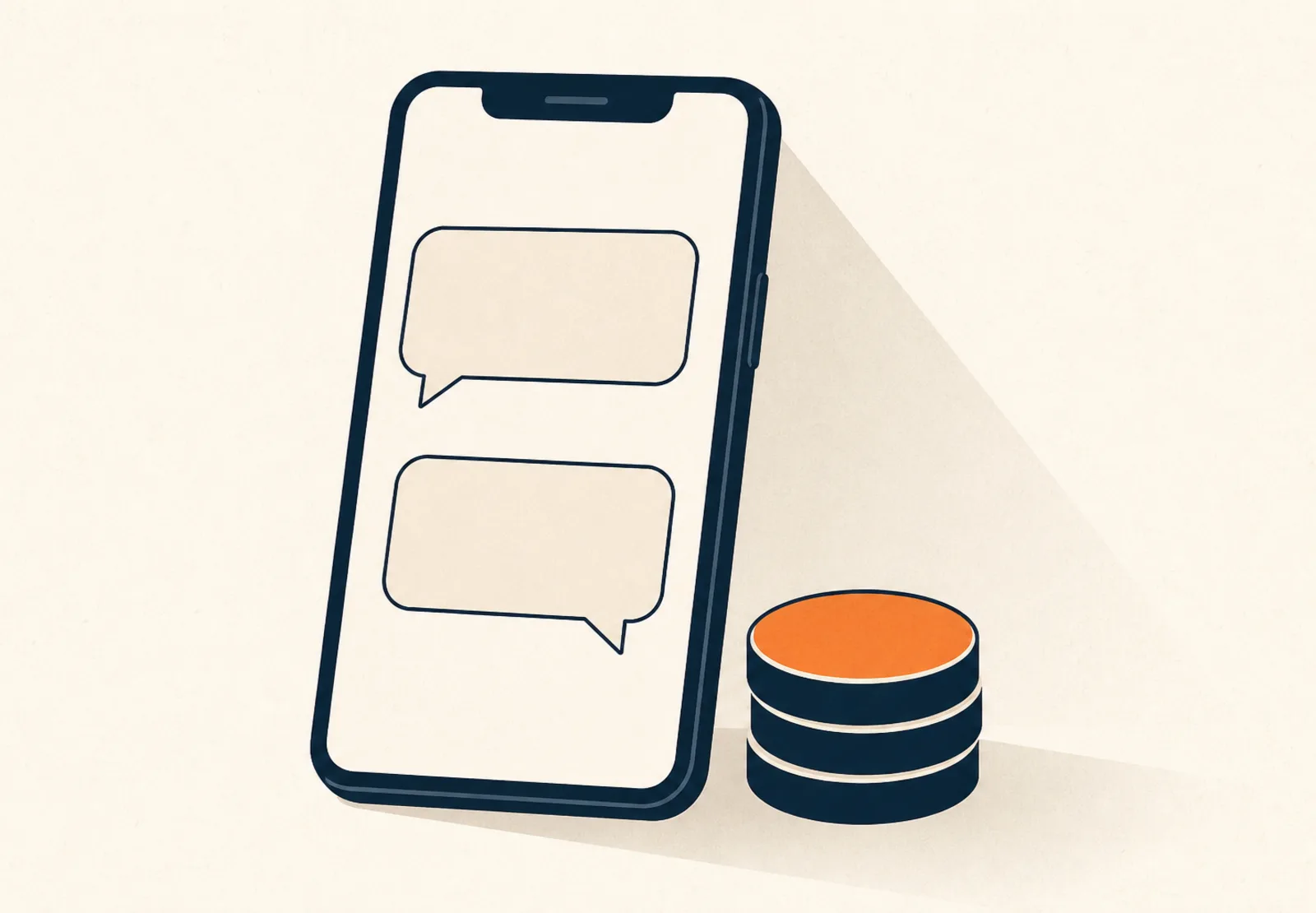 Illustration of a phone showing two message bubbles next to a stack of coins with the top coin in orange
