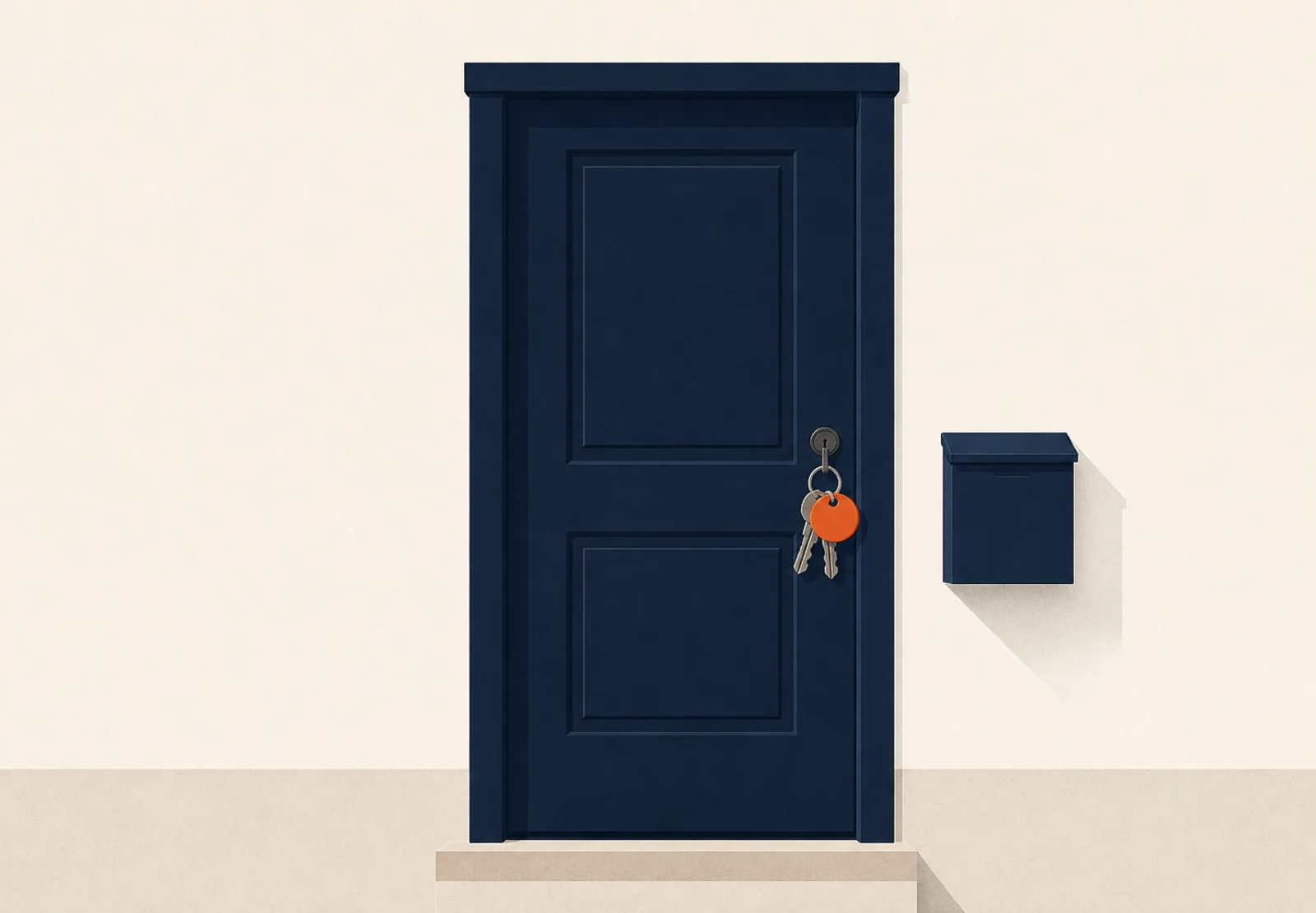 Illustration of a navy front door with a ring of keys and an orange key tag hanging from the lock, a small mailbox beside it