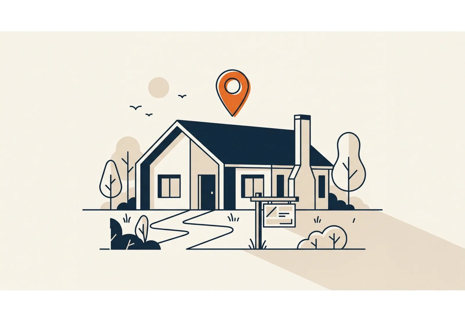 Illustration of a house with a yard sign in front of it and a single map pin above