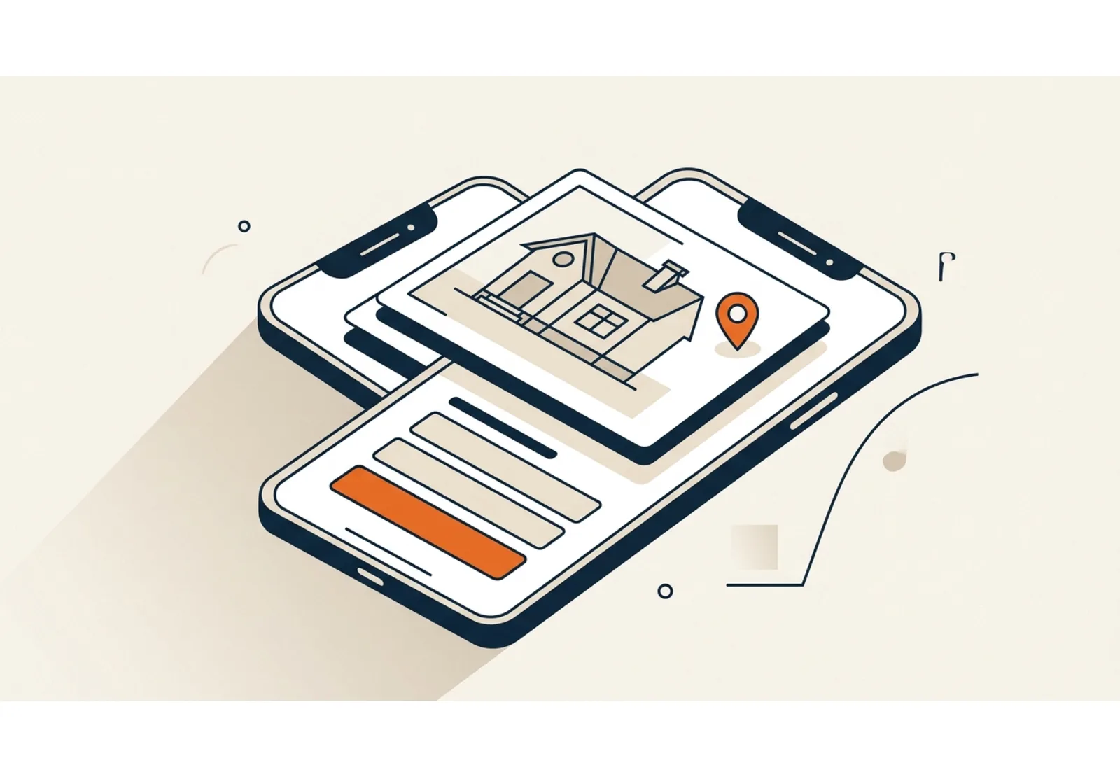 Illustration of a phone showing a home listing card with a map pin and a short contact form
